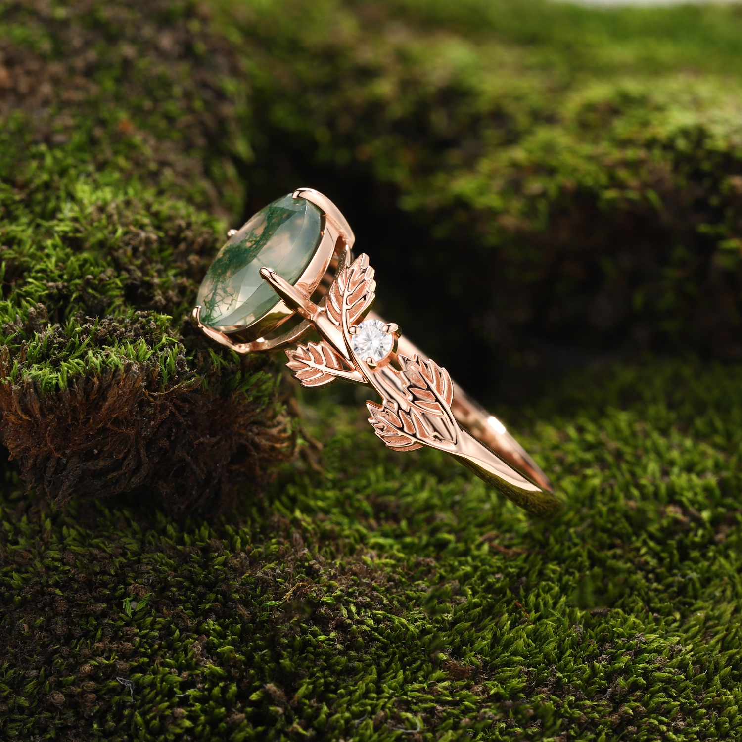 Oval Cut Moss Agate Rose Gold Leaf Ring with Symmetrical Carved Leaves | Unique Forest Boho Engagement Ring