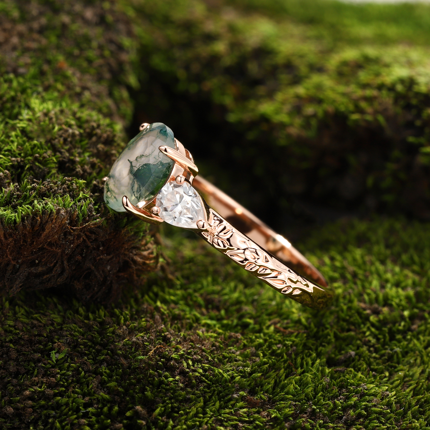 Rose Gold Natural Oval Cut Moss Agate Three-Stone Ring with Pear moissanite & Leaf Carving | Nature Elegant Engagement Ring