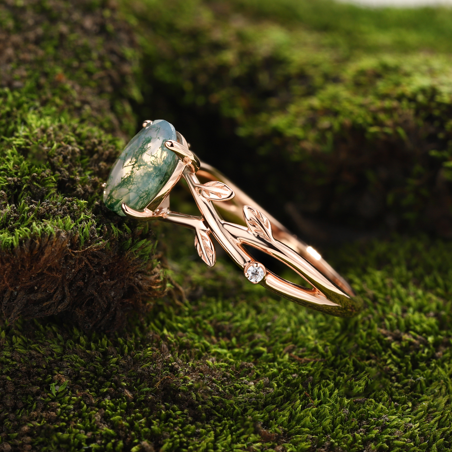 Rose Gold Natural Oval Cut Moss Agate Intertwined Vine Ring with Leaf Carving | Nature Artistic Engagement Ring