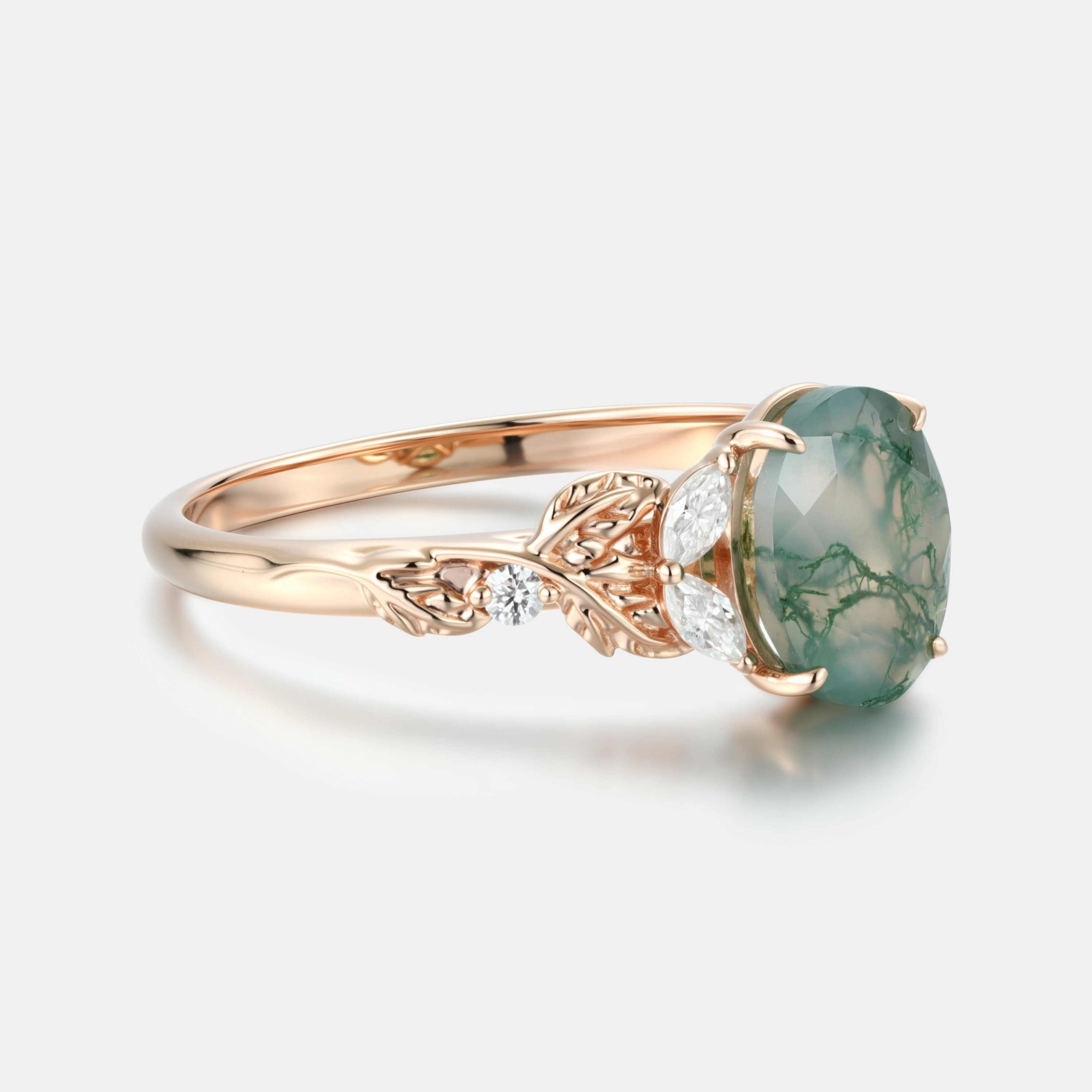 Rose Gold Natural Oval Cut Moss Agate Vine Leaf Ring with Moissanite Accents | Nature-Inspired Engagement Ring