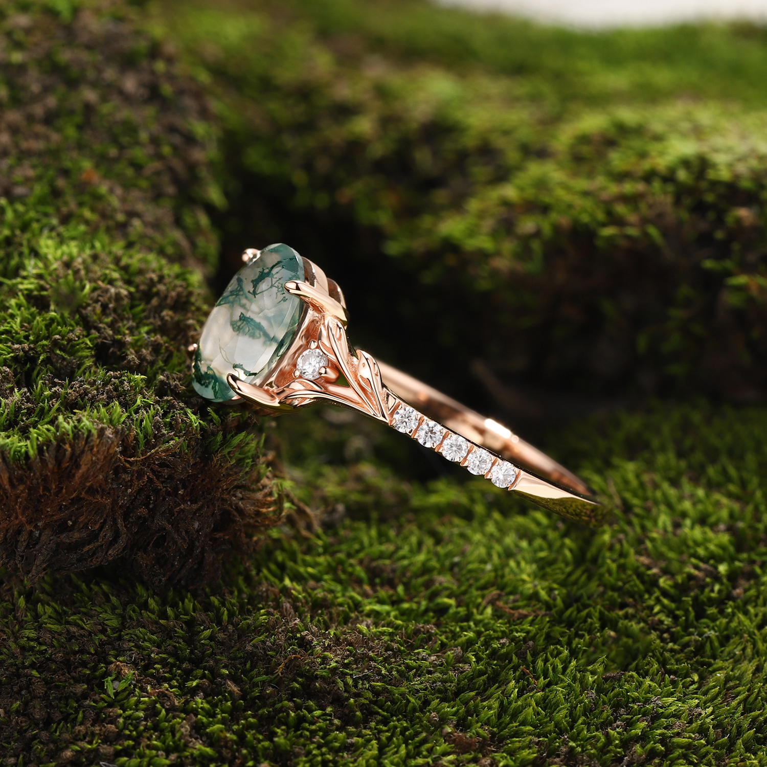 Rose Gold Natural Oval Cut Moss Agate Vine Diamond Half-Pavé Ring with Leaf Carving | Nature Artistic Engagement Ring
