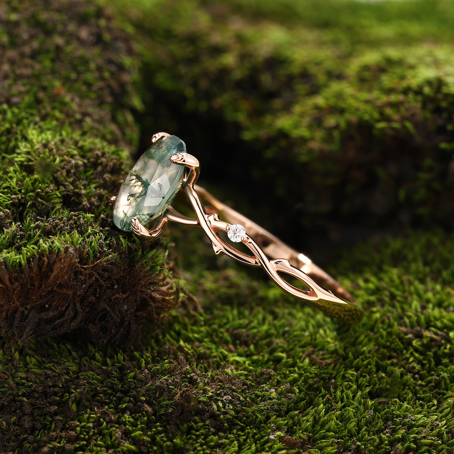 Rose Gold Natural Oval Cut Moss Agate Intertwined Vine Ring with Leaf Carving | Nature Artistic Engagement Ring