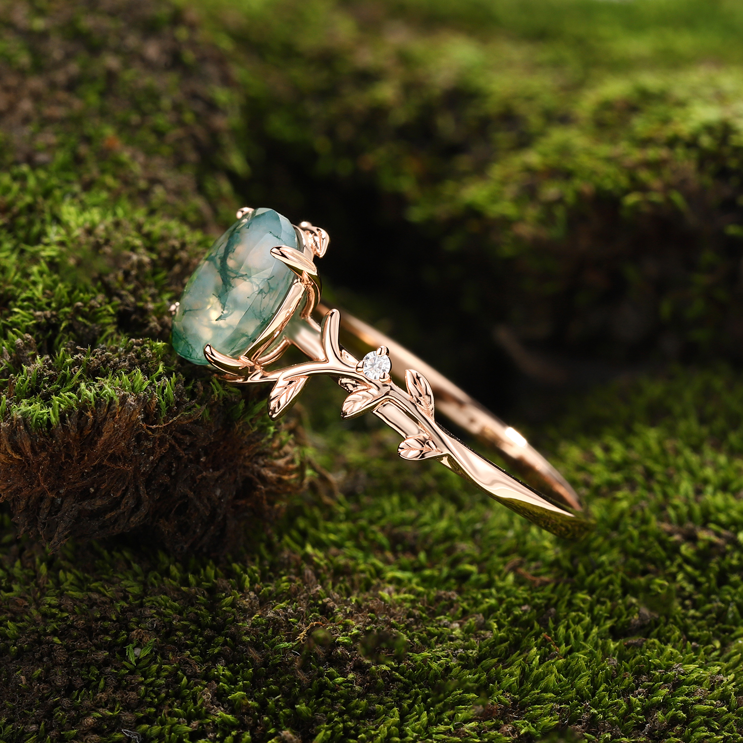 Oval Moss Agate Rose Gold Leaf Ring with Symmetrical Carved Leaves | Unique Forest Boho