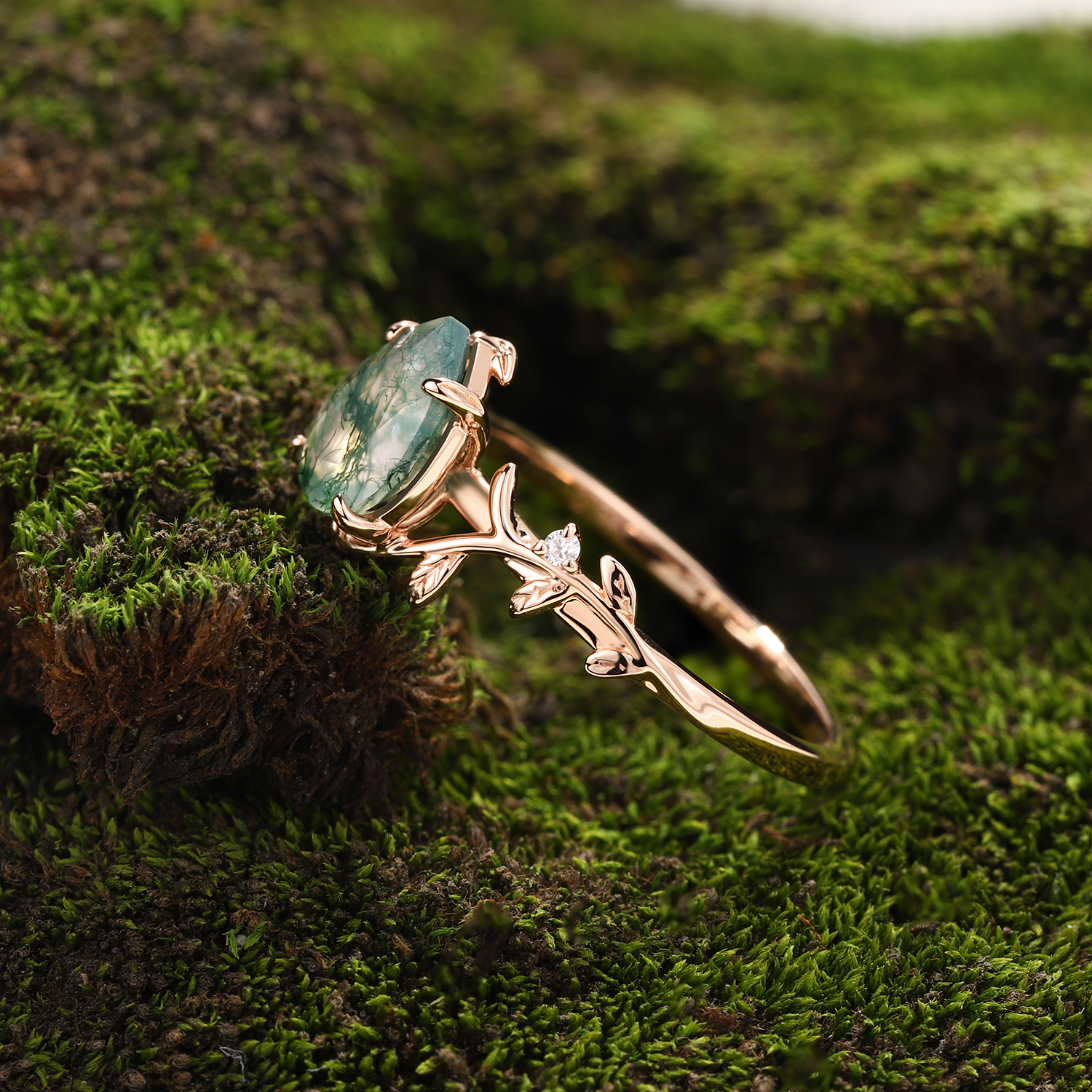 Rose Gold Natural Pear Cut Moss Agate Intertwined Vine Ring with Leaf Carving | Artistic Luxe Engagement Ring