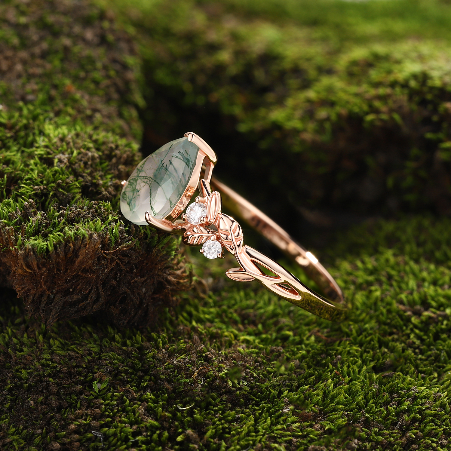 Pear Cut Moss Agate Floral Vine Engagement Ring – Rose Gold with Diamond Accents