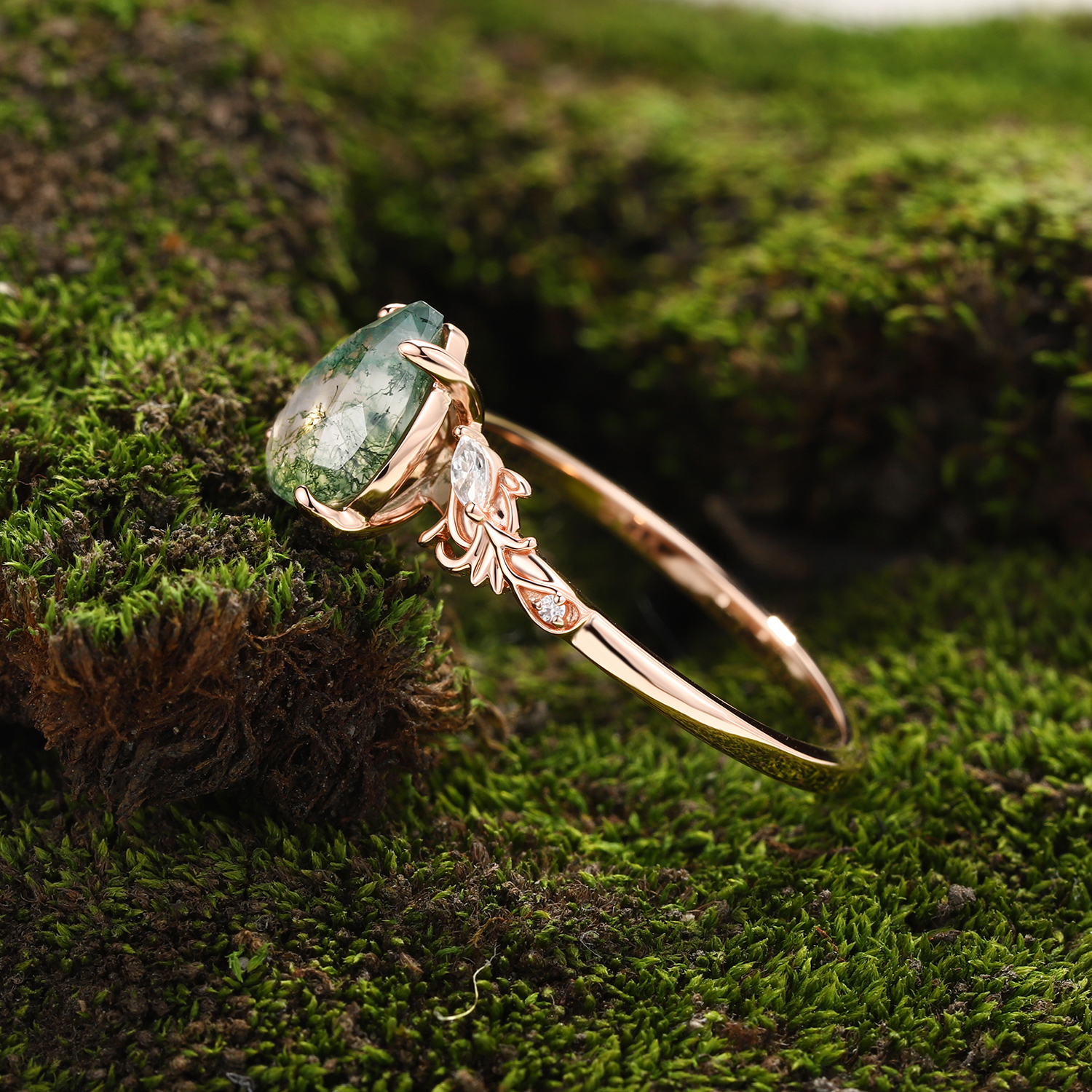 Unique Moss Agate Teardrop Ring with Rose Gold Vine Leaves and Diamonds