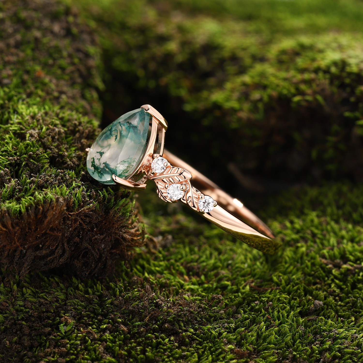 Botanical Pear Moss Agate Engagement Ring |  Rose Gold Vine & Leaf Jewelry