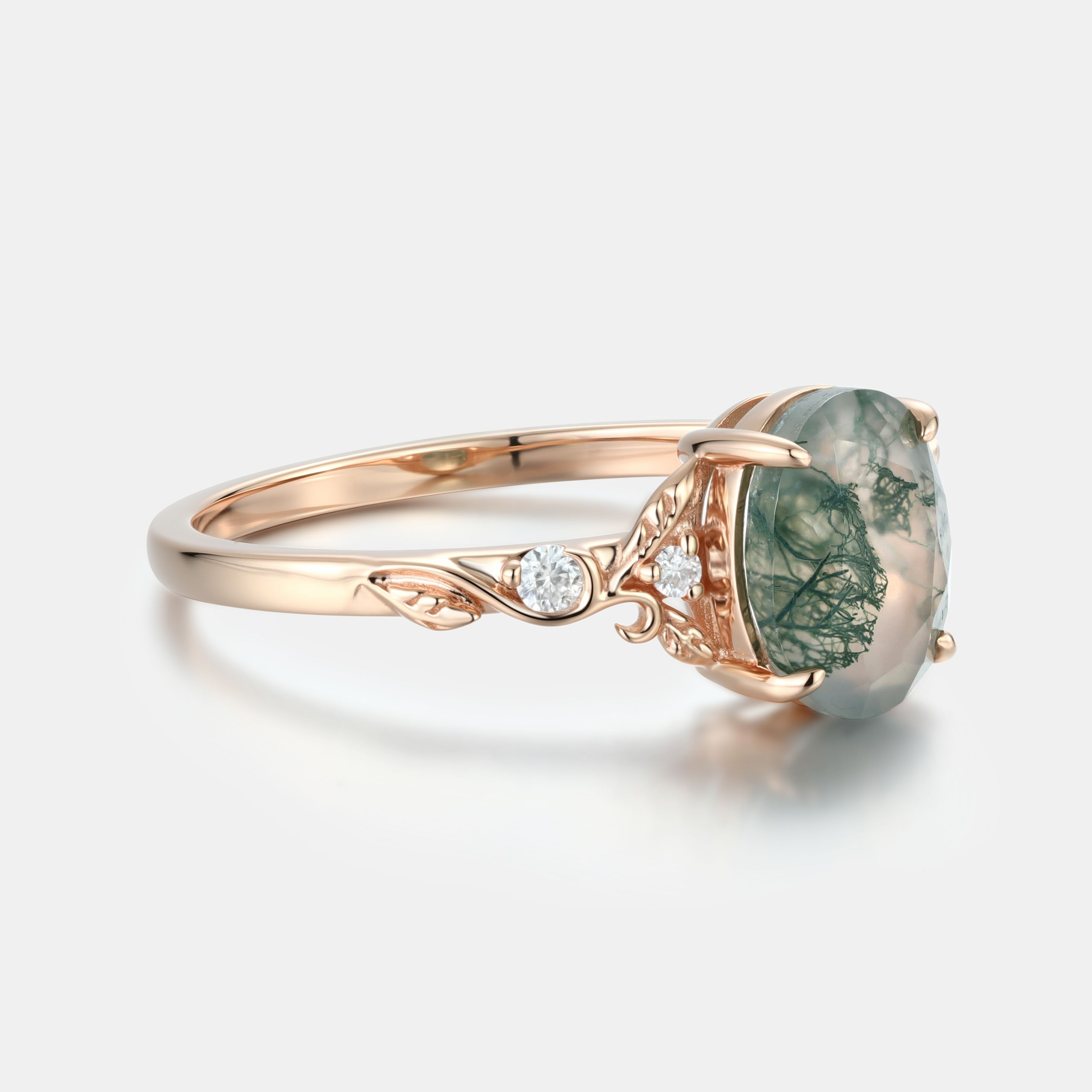 Rose Gold Natural Oval Cut Moss Agate Swirling Vine Ring with Moissanite Accents | Art Nouveau Engagement Ring
