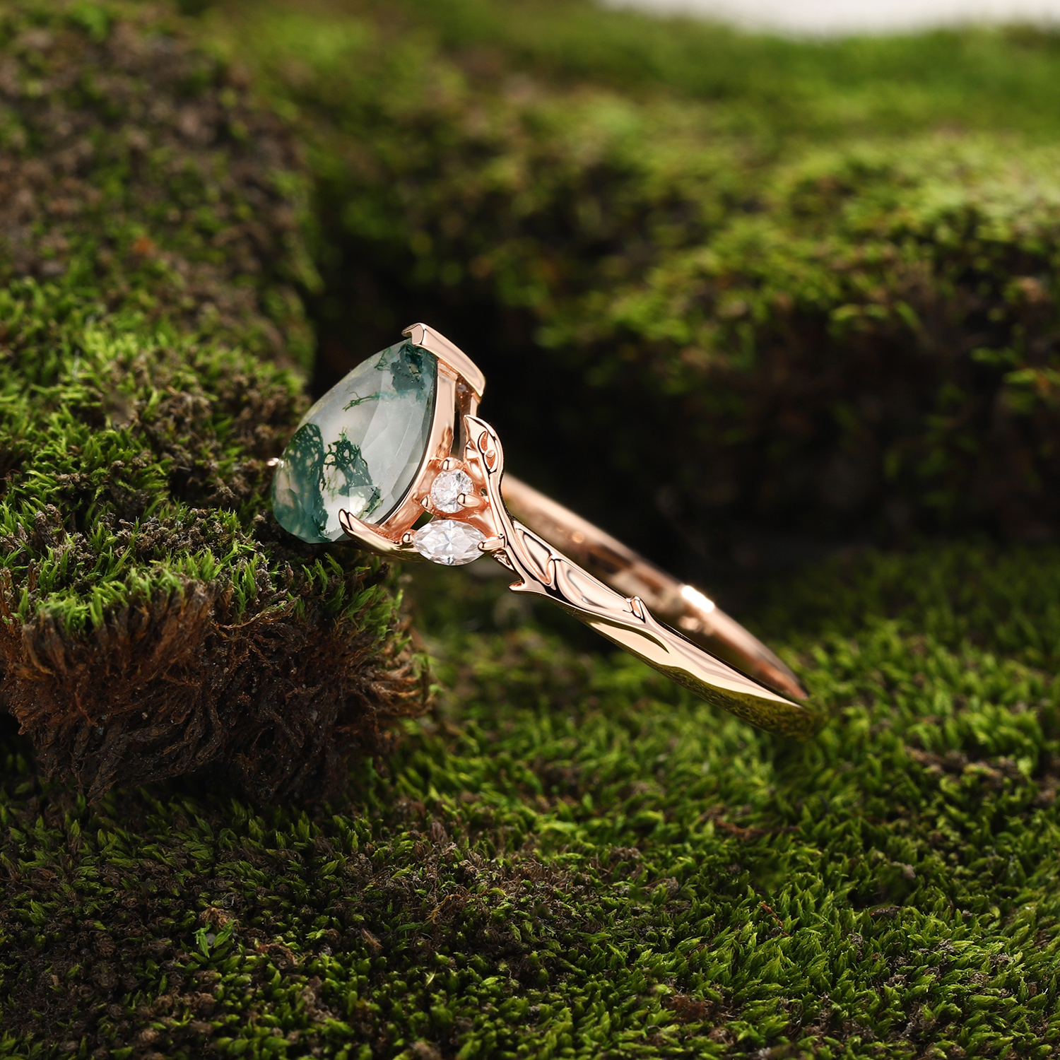 Enchanted Forest Pear Moss Agate Engagement Ring in  Rose Gold with Diamond Leaves
