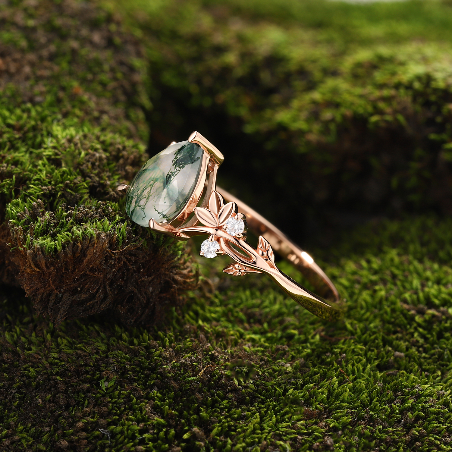 Eternal Canopy Pear Moss Agate Engagement Ring in Rose Gold with Diamond Foliage