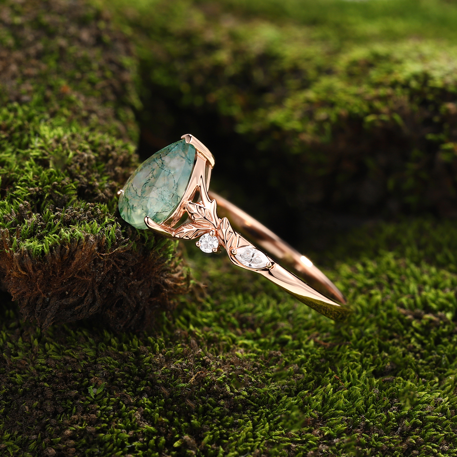 Lucky Moss Agate Floral Engagement Ring – Pear Shape in Rose Gold