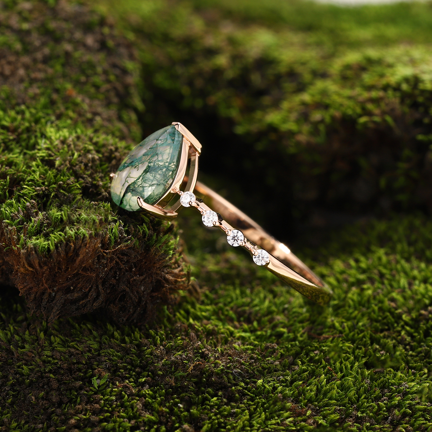 Lucky Eternal Canopy Pear Moss Agate Engagement Ring in  Rose Gold
