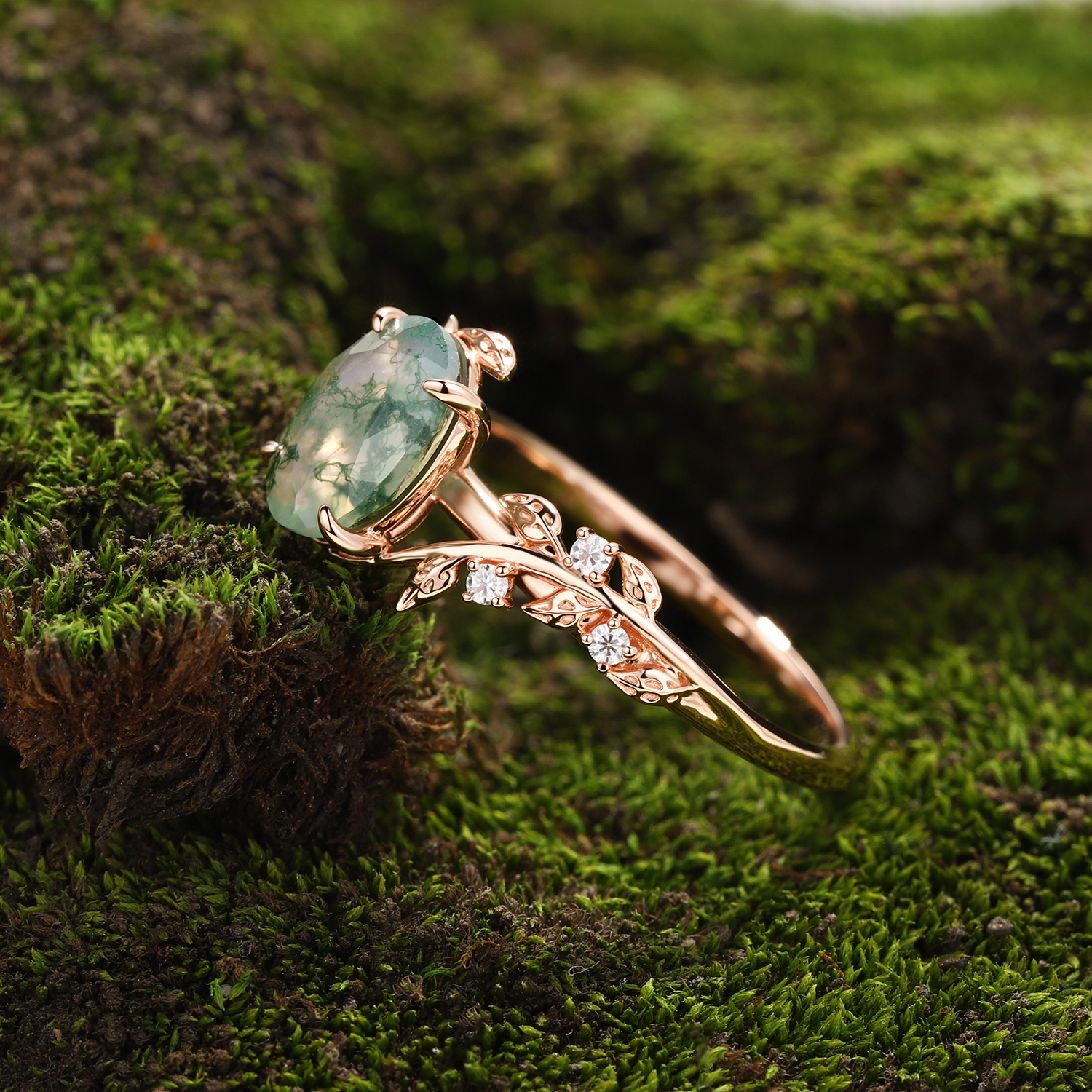 Rose Gold Natural Oval Cut Moss Agate Intertwined Vine Ring with Leaf Carving & moissanite Accents | Nature Artistic Engagement Ring