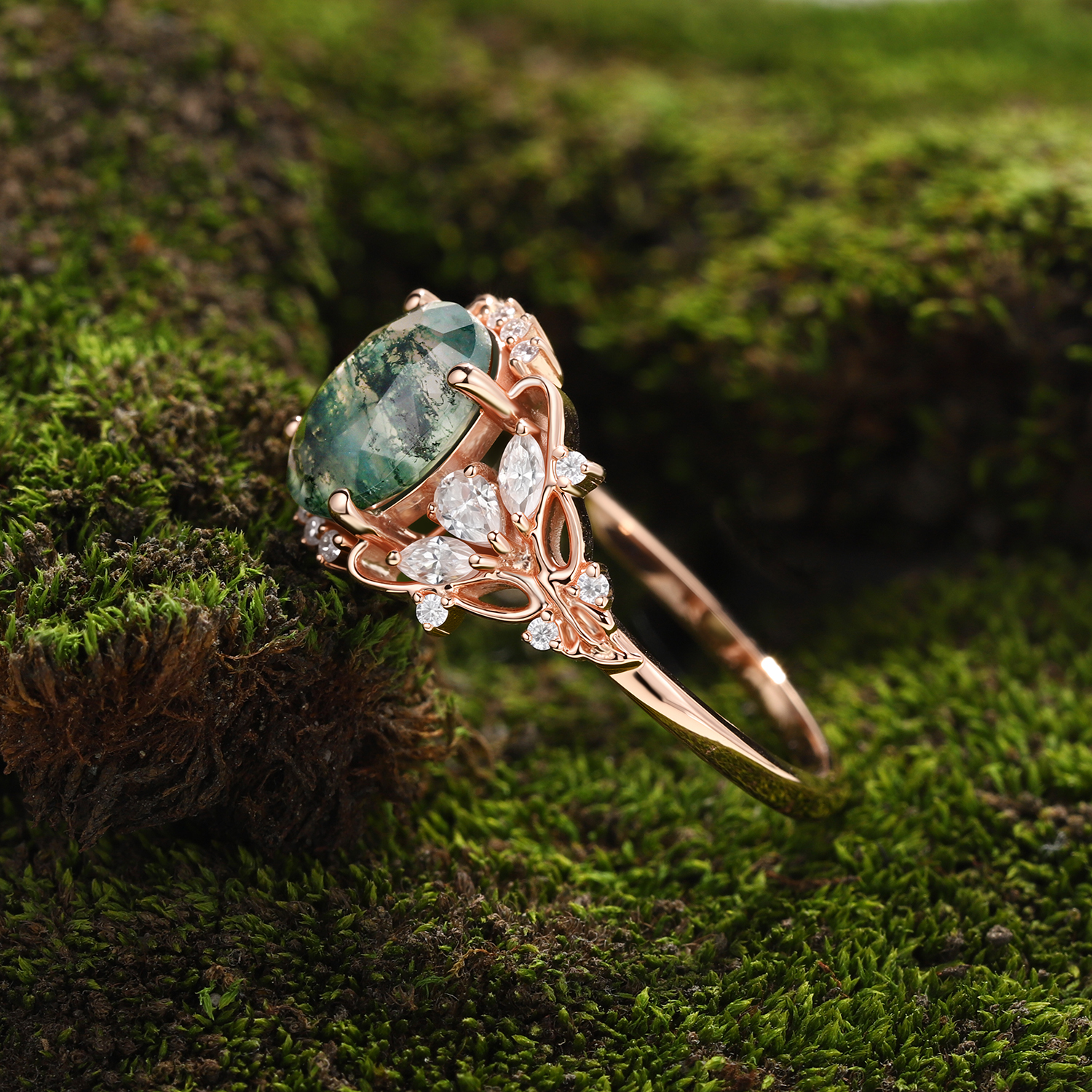 Lucky Eternal Canopy Oval Moss Agate Engagement Ring in Rose Gold with Diamond Halo