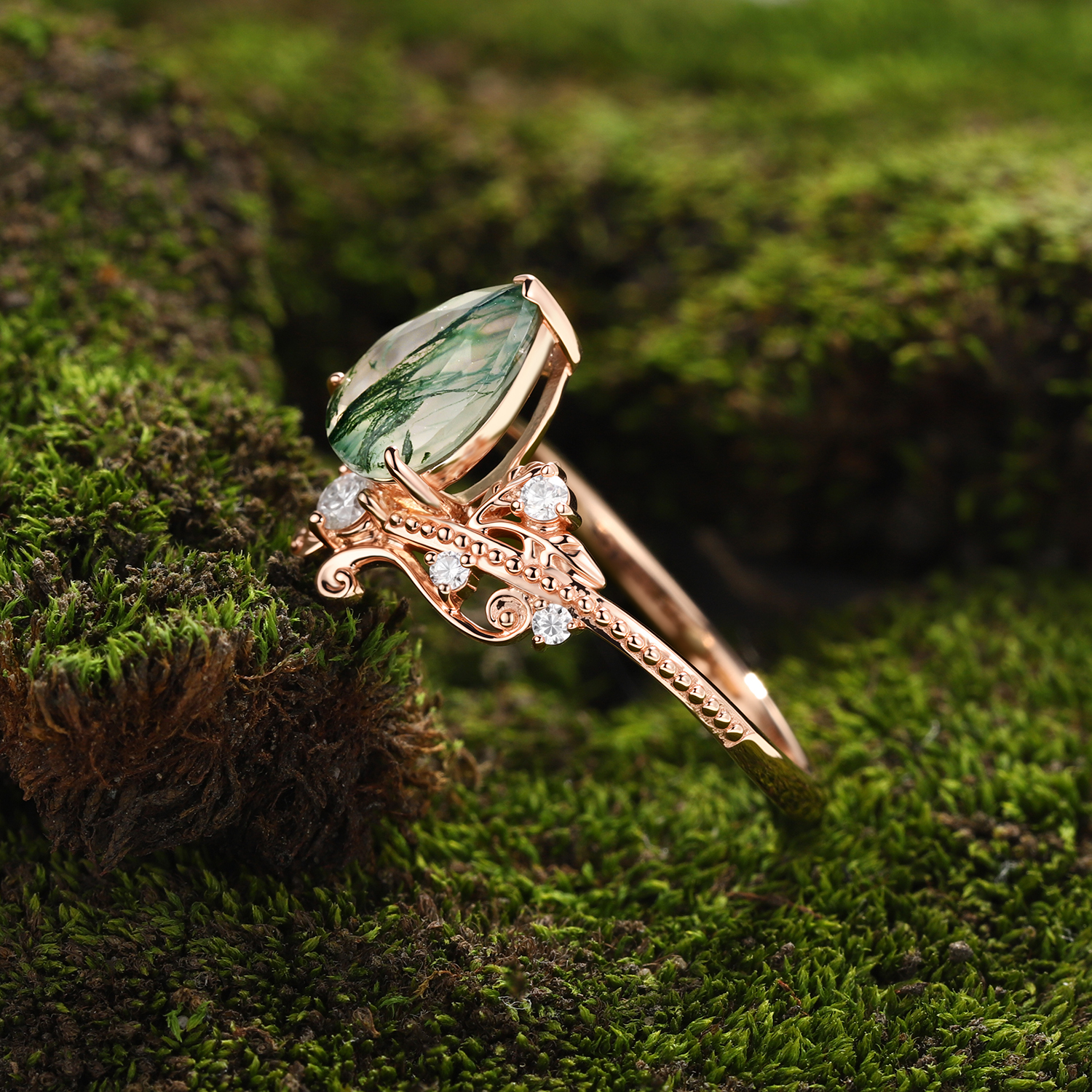 Rose Gold Natural Pear Cut Moss Agate Art Nouveau Ring with Vine Milgrain Accents | Luxurious Vintage Engagement Ring
