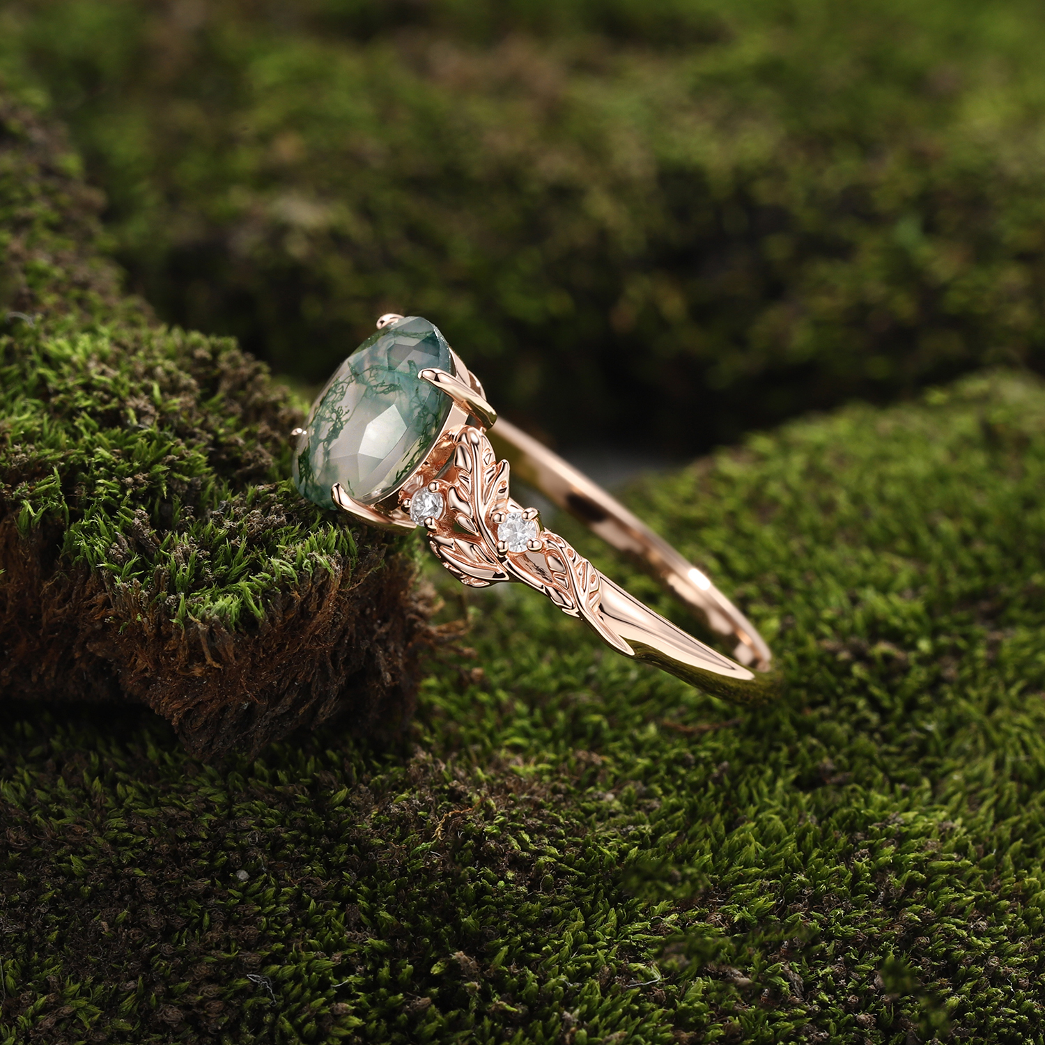 Rose Gold Natural Oval Cut Moss Agate Vine Leaf Ring with Moissanite Foliage | Nature Artistic Engagement Ring