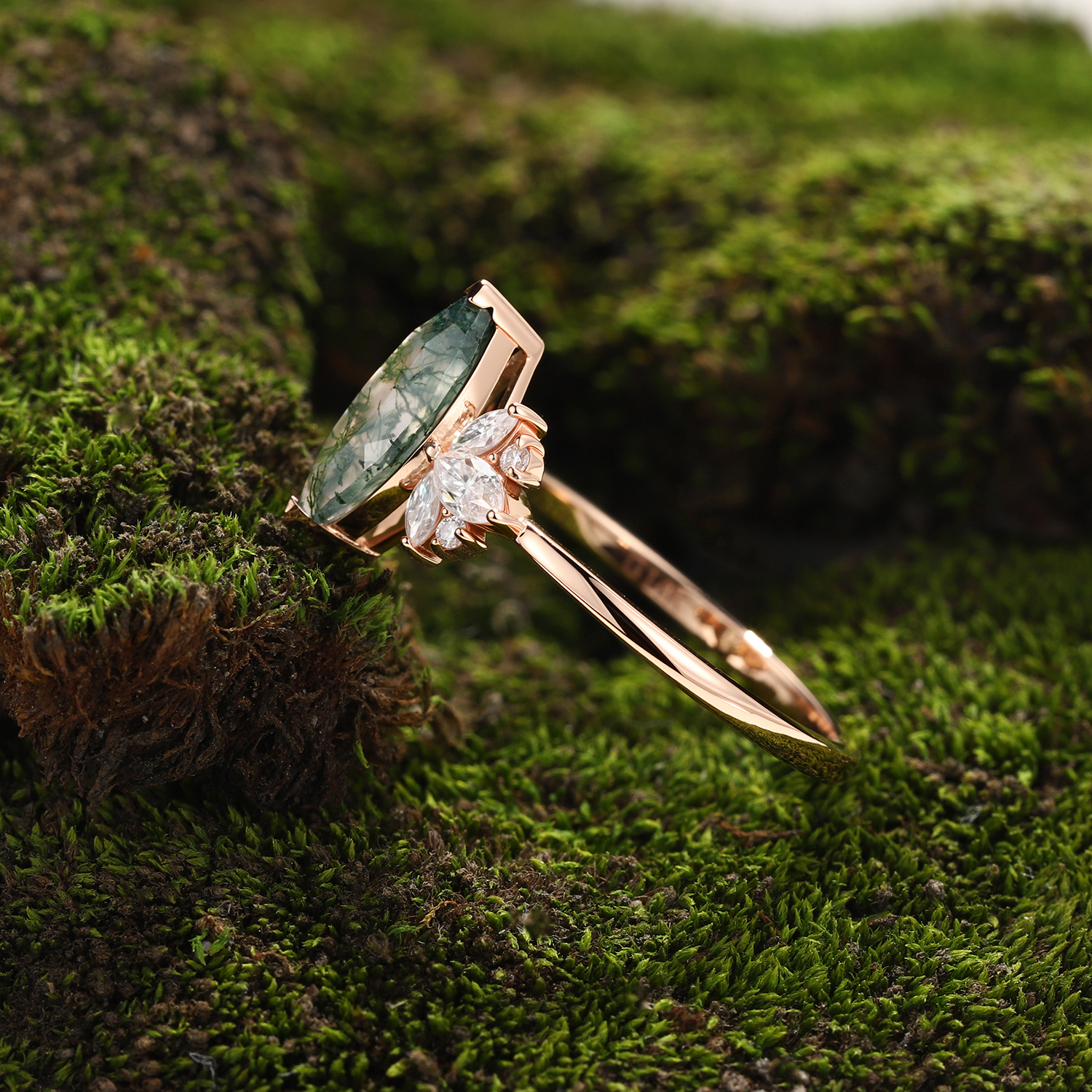 Rose Gold Natural Marquise Cut Moss Agate Floral Ring with Moissanite Leaf Accents | Nature-Inspired Engagement Ring-GLR0014