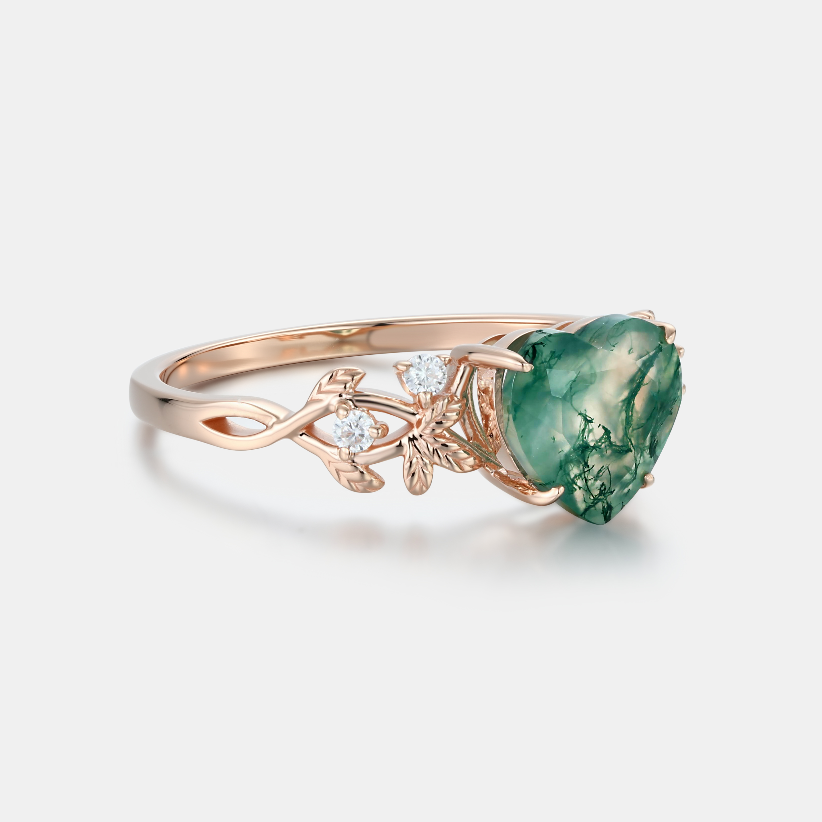 Lucky Heart Natural Moss Agate Engagement Ring in Rose Gold | Leaf Vine Botanical Design with Moissanite Accents