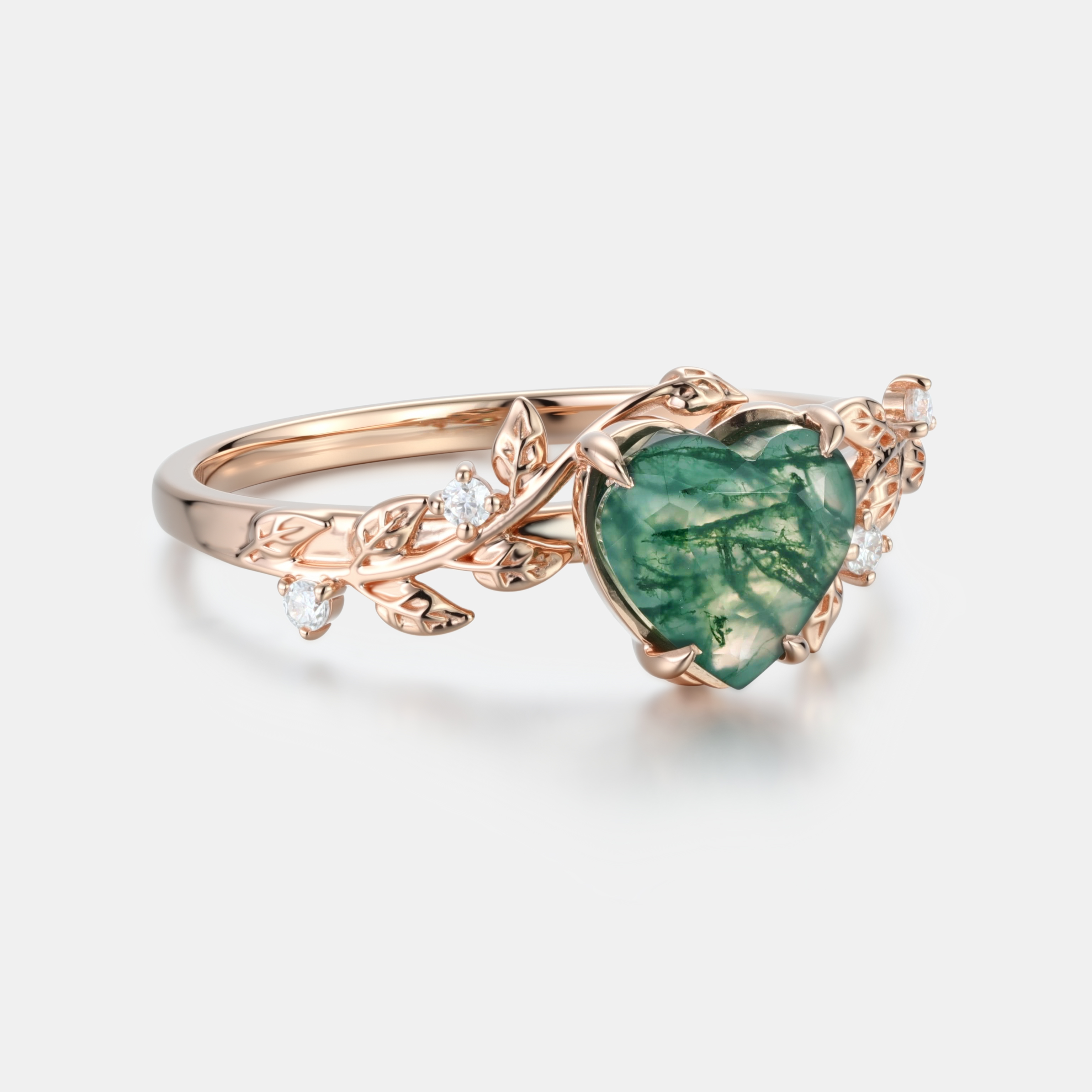 Lucky Heart Natural Moss Agate Engagement Ring in Rose Gold | Leaf Vine Botanical Design with Moissanite Accents