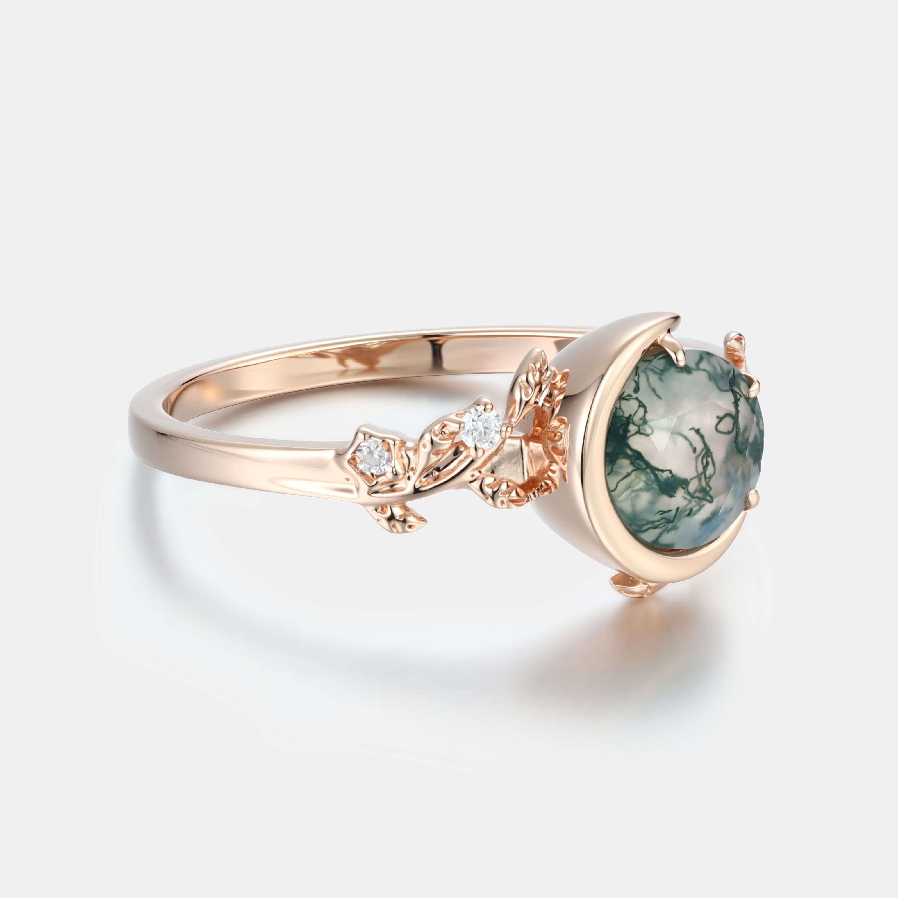 Lucky Round Natural Moss Agate Engagement Ring in Rose Gold | Crescent Leaf Vine Botanical Design with Moissanite Accents