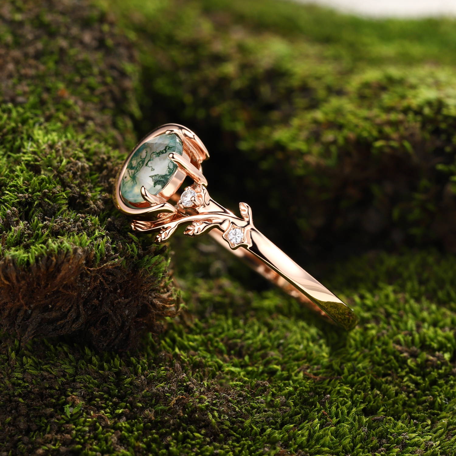 Lucky Round Natural Moss Agate Engagement Ring in Rose Gold | Crescent Leaf Vine Botanical Design with Moissanite Accents