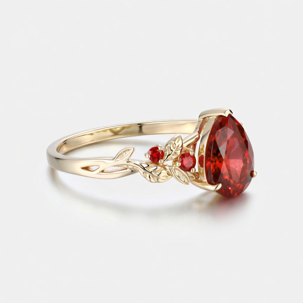 Lucky Pear Lab Grown Ruby Engagement Ring in Yellow Gold | Leaf Vine Botanical Design with Ruby Accents