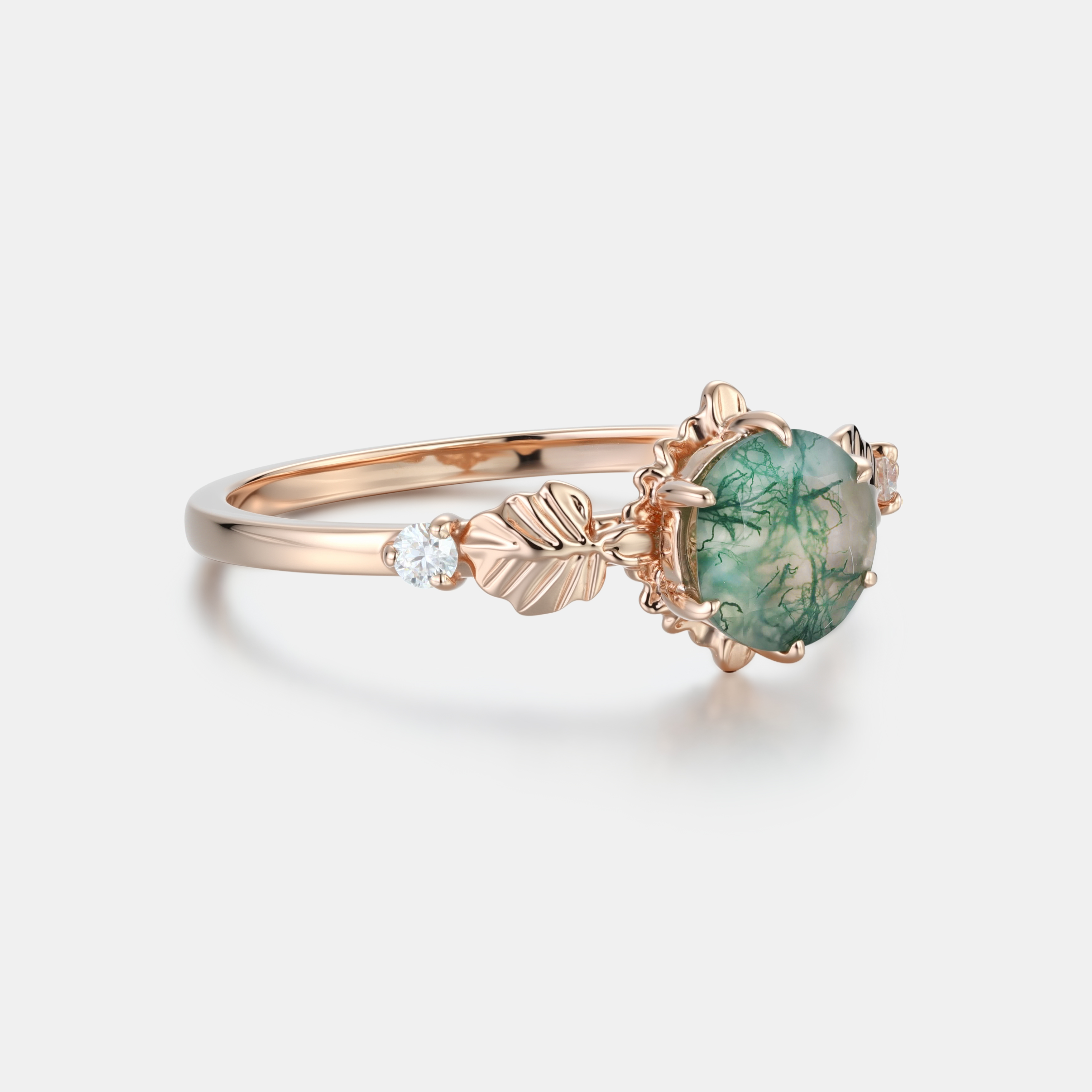 Lucky Round Moss Agate Engagement Ring in Rose Gold | Twin Leaf Embrace with Moissanite Accents