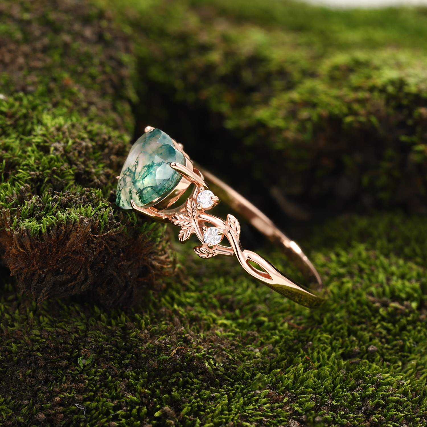 Lucky Heart Natural Moss Agate Engagement Ring in Rose Gold | Leaf Vine Botanical Design with Moissanite Accents