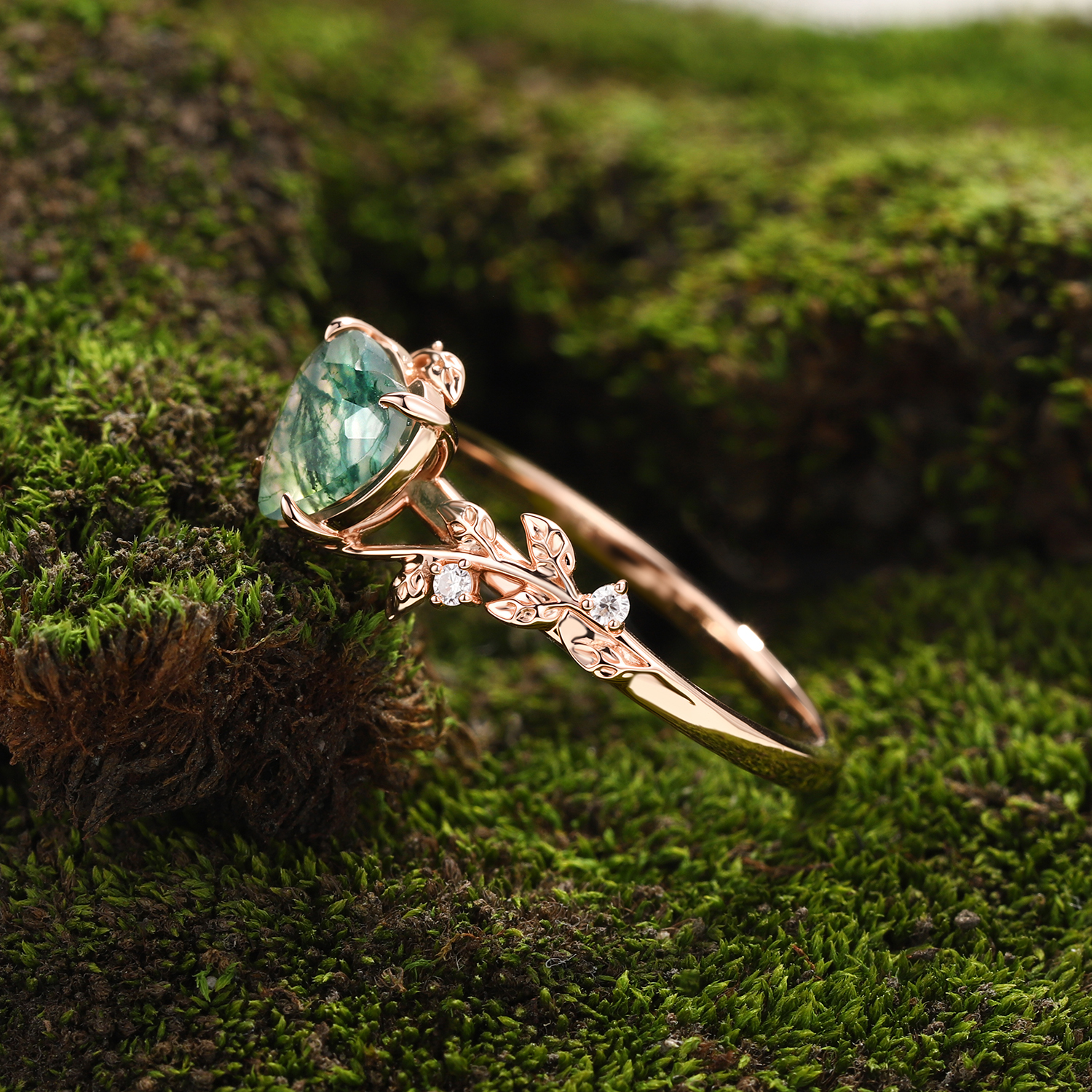 Lucky Heart Natural Moss Agate Engagement Ring in Rose Gold | Leaf Vine Botanical Design with Moissanite Accents