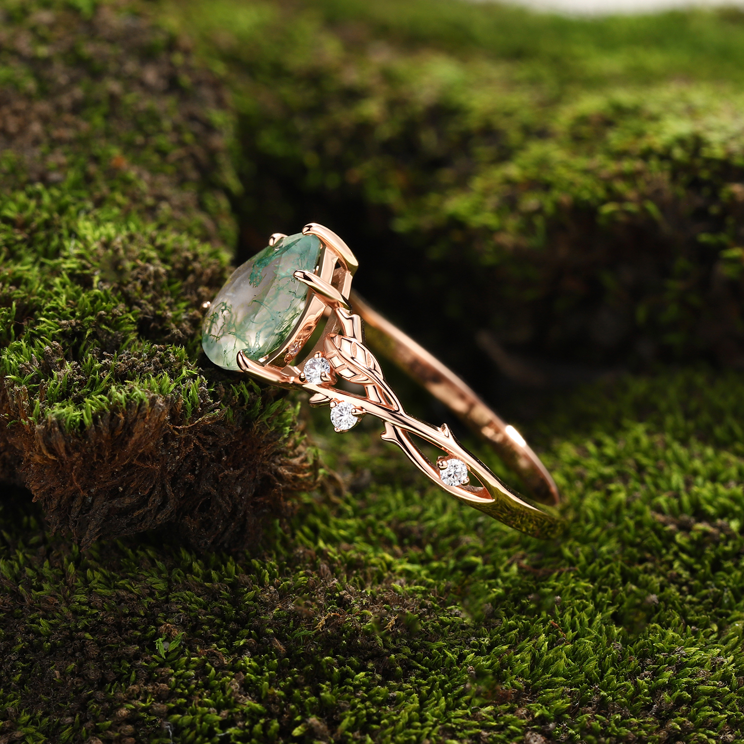 Eternal Canopy Pear Moss Agate Engagement Ring in Rose Gold with Diamond Vine Foliage
