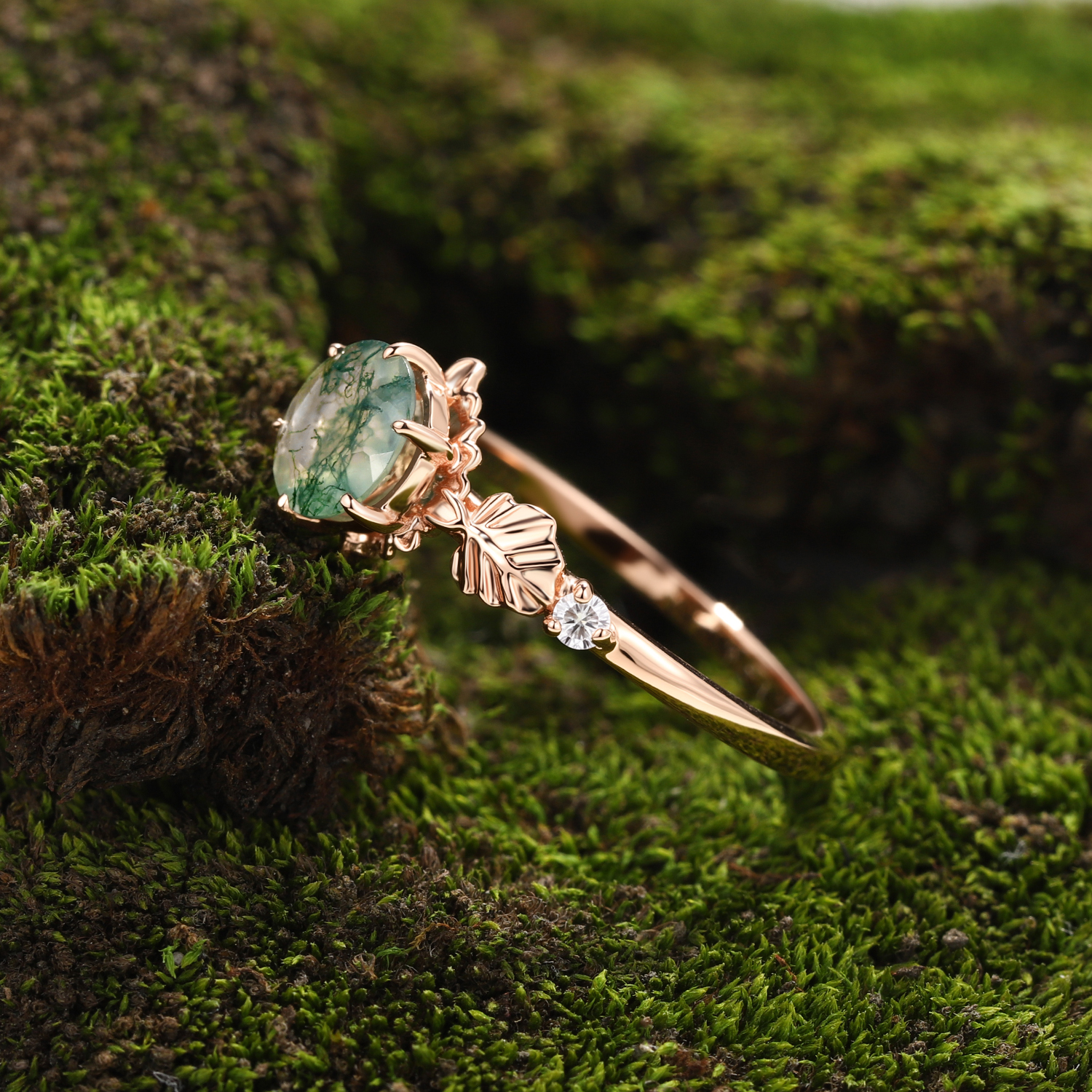 Lucky Round Moss Agate Engagement Ring in Rose Gold | Twin Leaf Embrace with Moissanite Accents