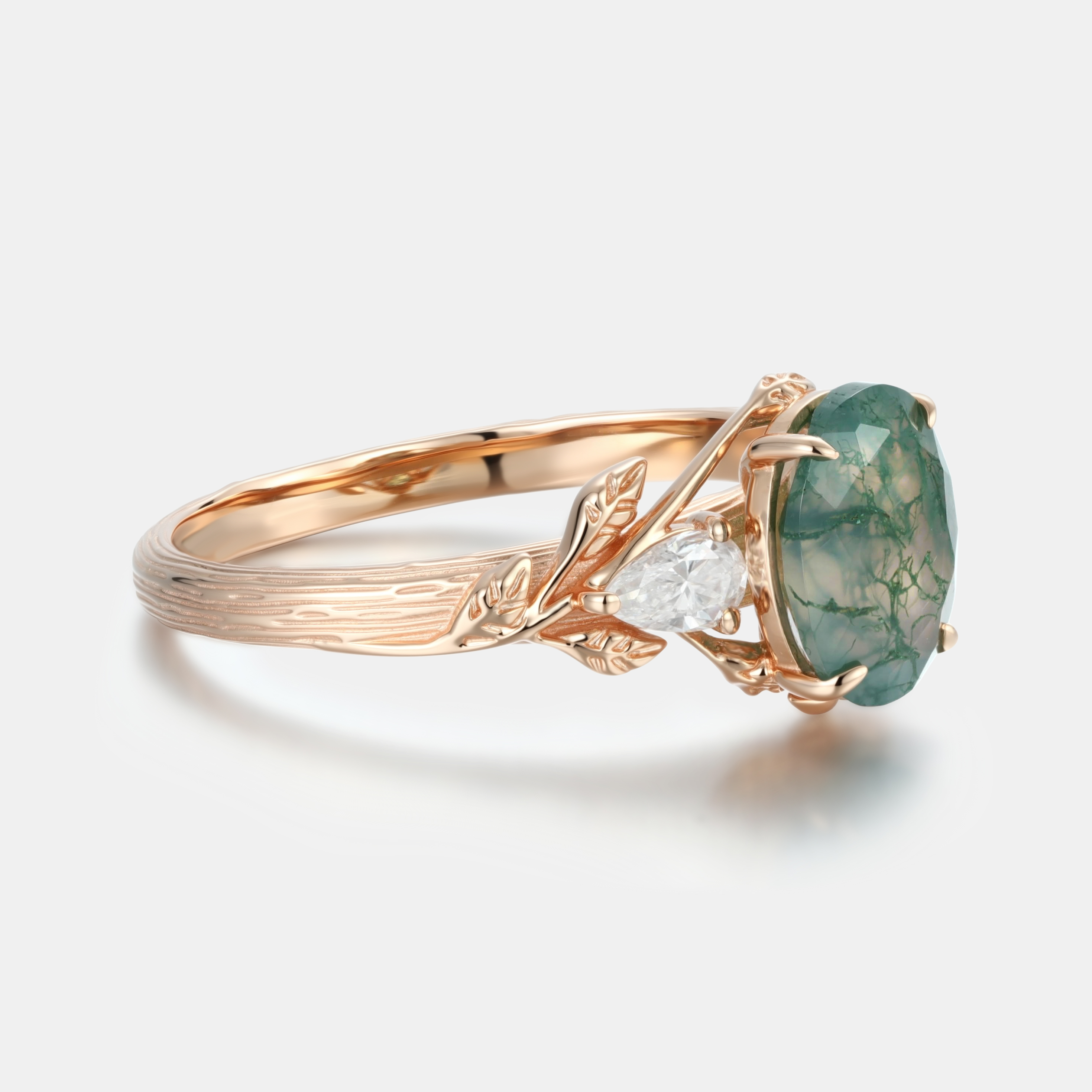 Rose Gold Natural Oval Cut Moss Agate Leaf Vine Three-Stone Ring with Pear Diamond Accents | Nature Artistic Engagement Ring