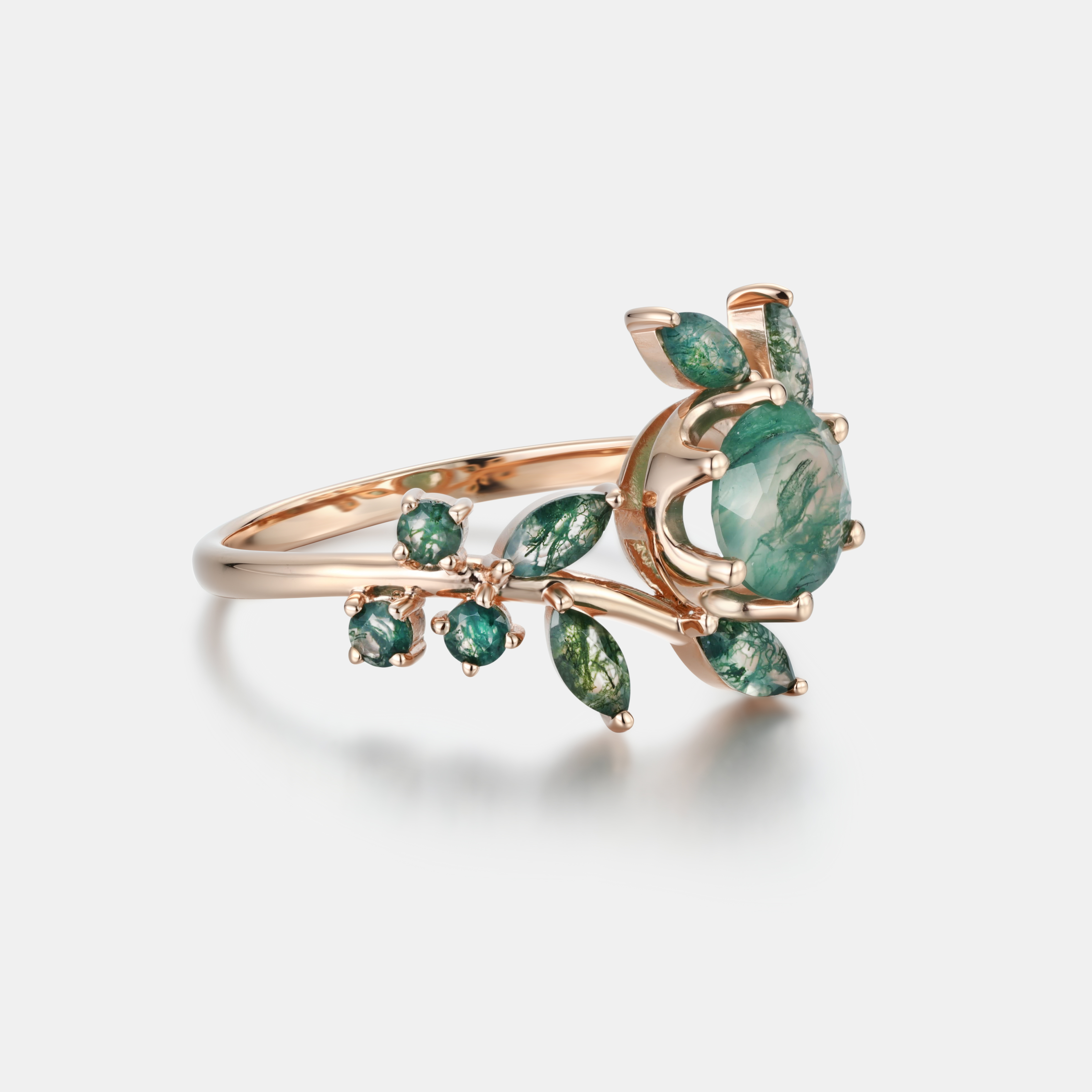 Lucky Blooming Moss Agate Engagement Ring in Rose Gold | Marquise Leaf Cluster Floral Design