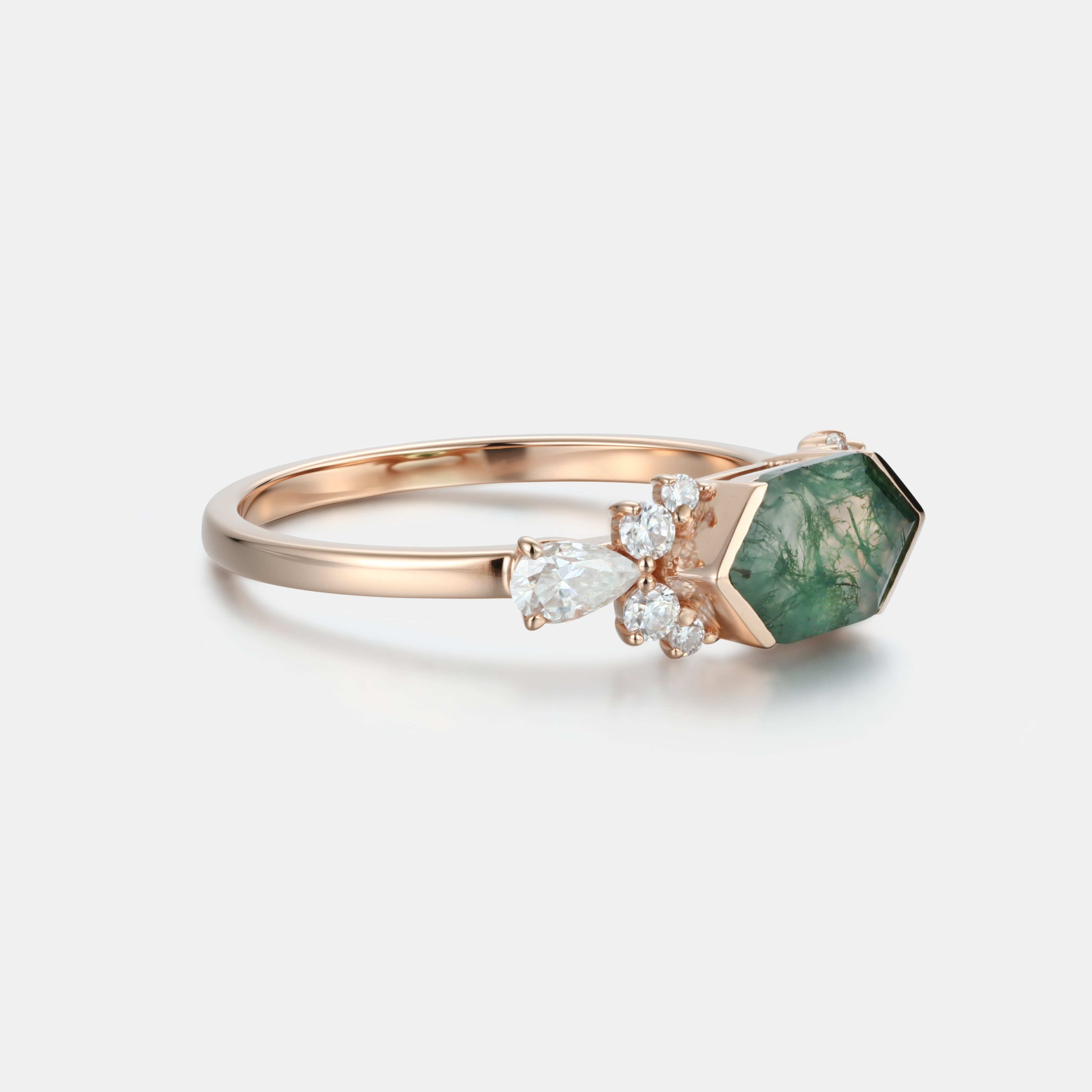 Lucky Hexagon Moss Agate Engagement Ring in 14K Rose Gold | Pear Diamond Trio Accents - LuckyGemstones