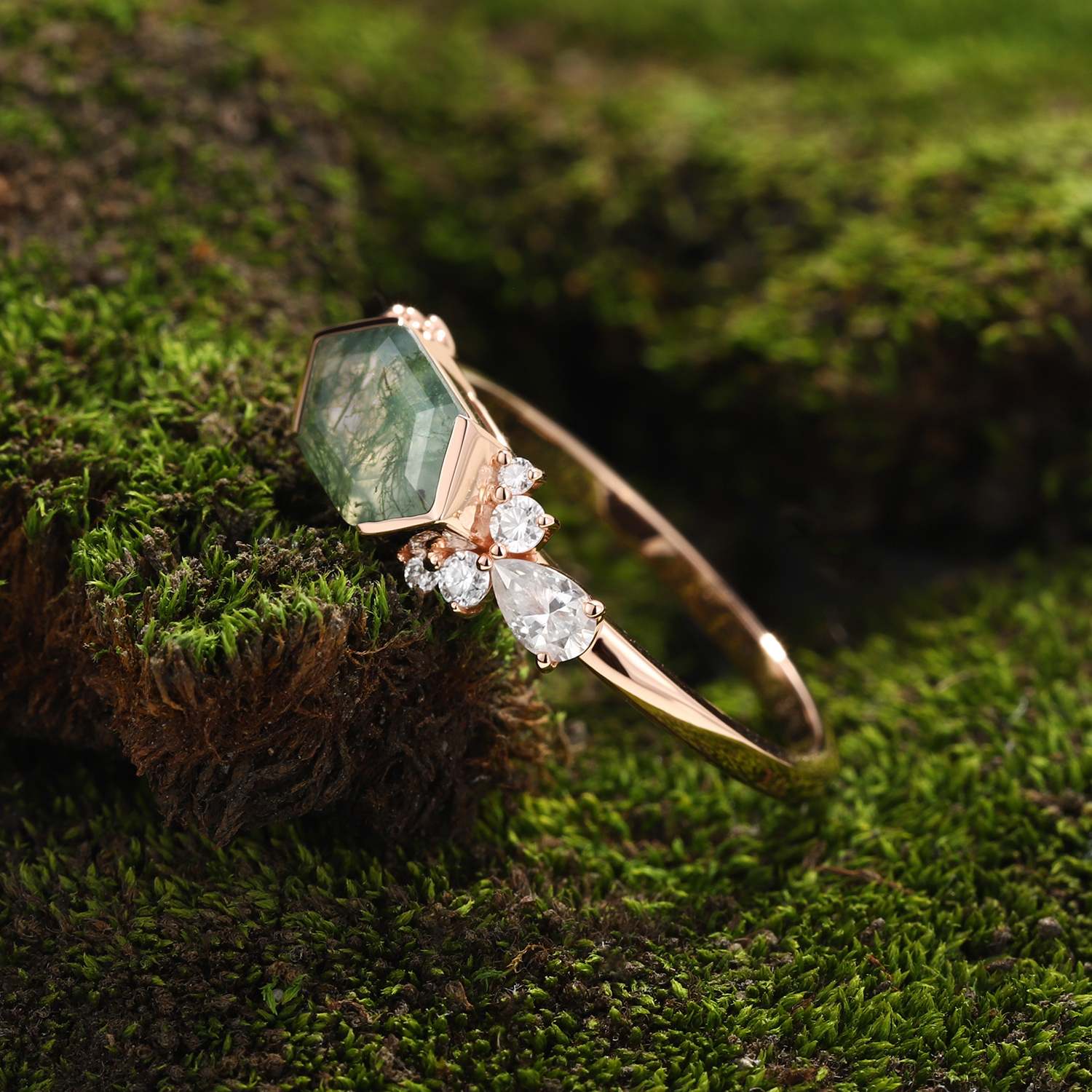Lucky Hexagon Moss Agate Engagement Ring in 14K Rose Gold | Pear Diamond Trio Accents - LuckyGemstones
