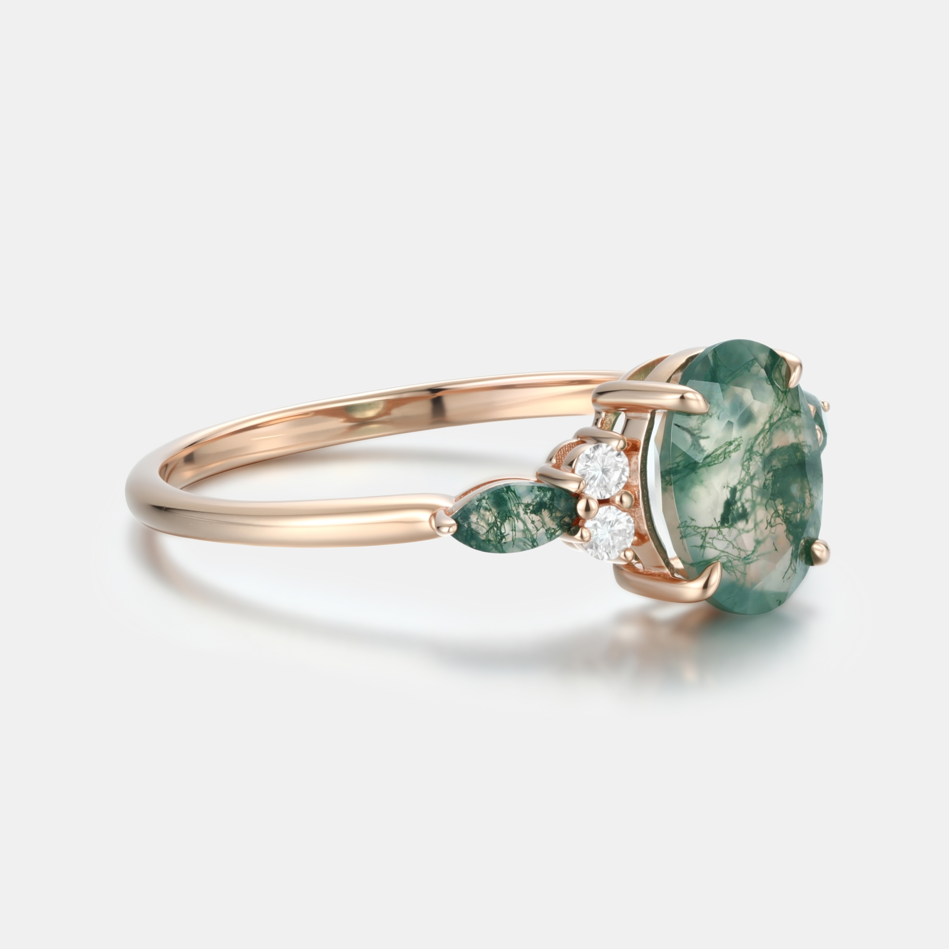Rose Gold Natural Oval Cut Moss Agate Three-Stone Ring with Matching Pear Moss Agate Sides | Nature-Inspired Engagement Ring