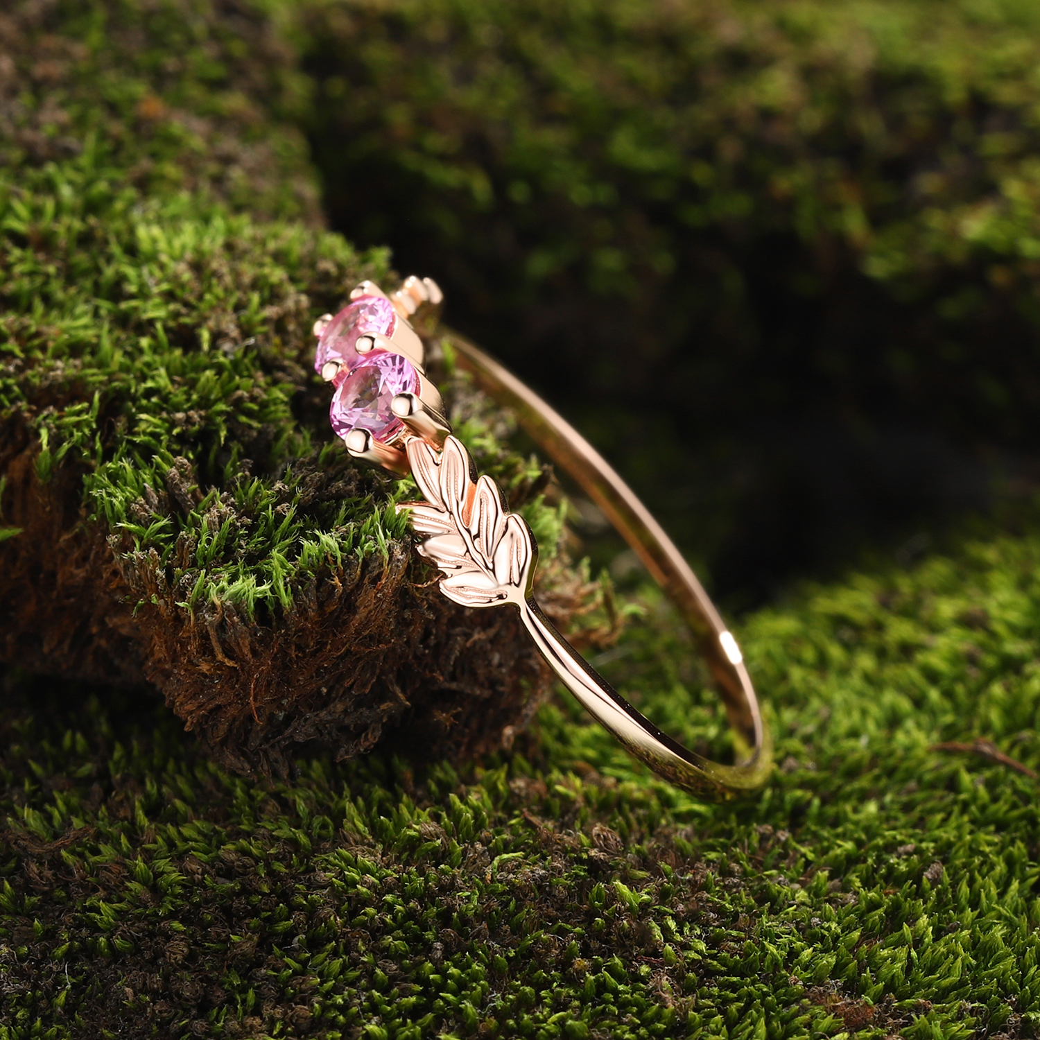 Lucky Gemstones | Round Lab Grown Pink Sapphire Engagement Ring | Rose Gold Band | Natural -Inspired Design