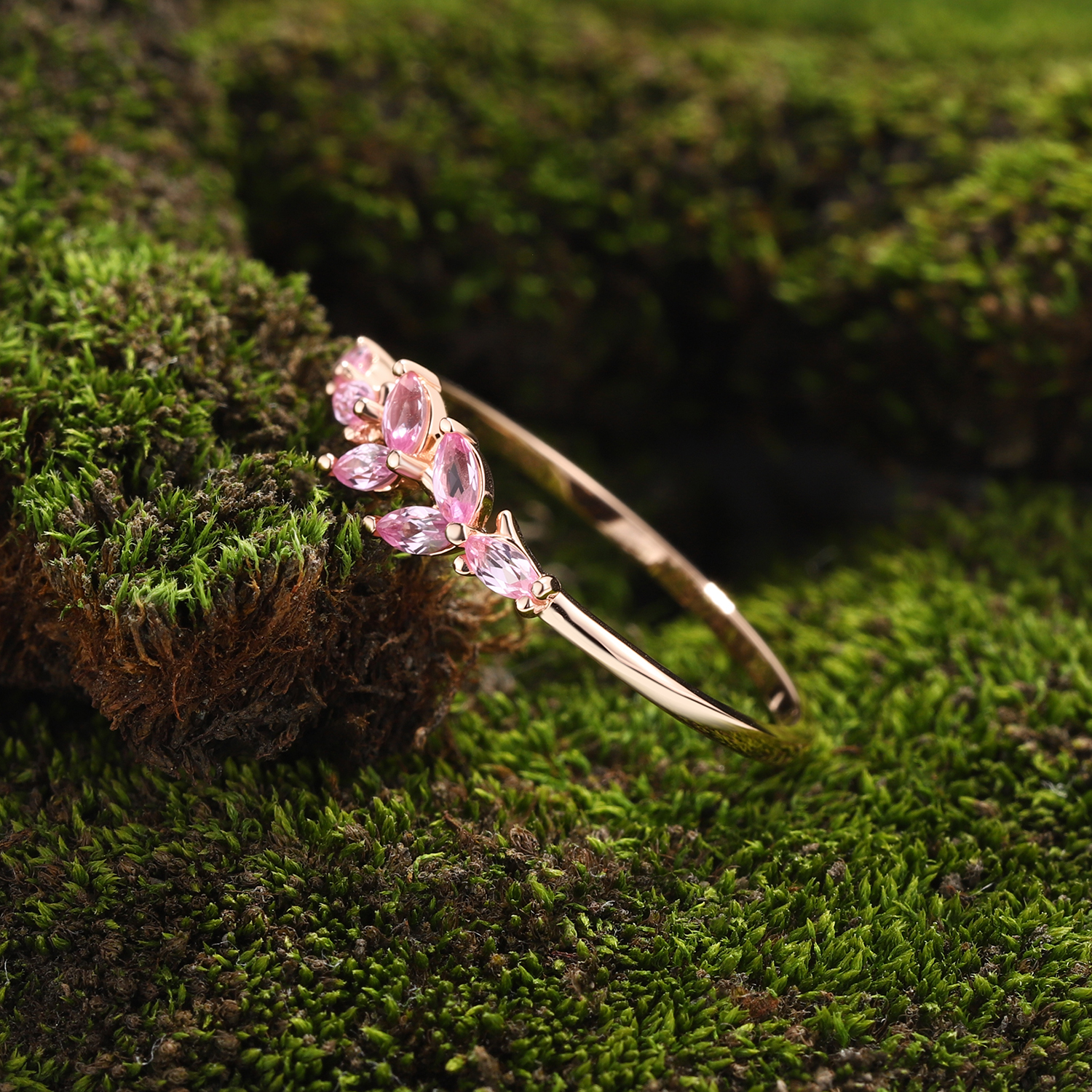 Lucky Gemstones | Marquise Lab Grown Pink Sapphire Wedding Band | Sapphire Cluster Rose Gold Band | Natural -Inspired Design