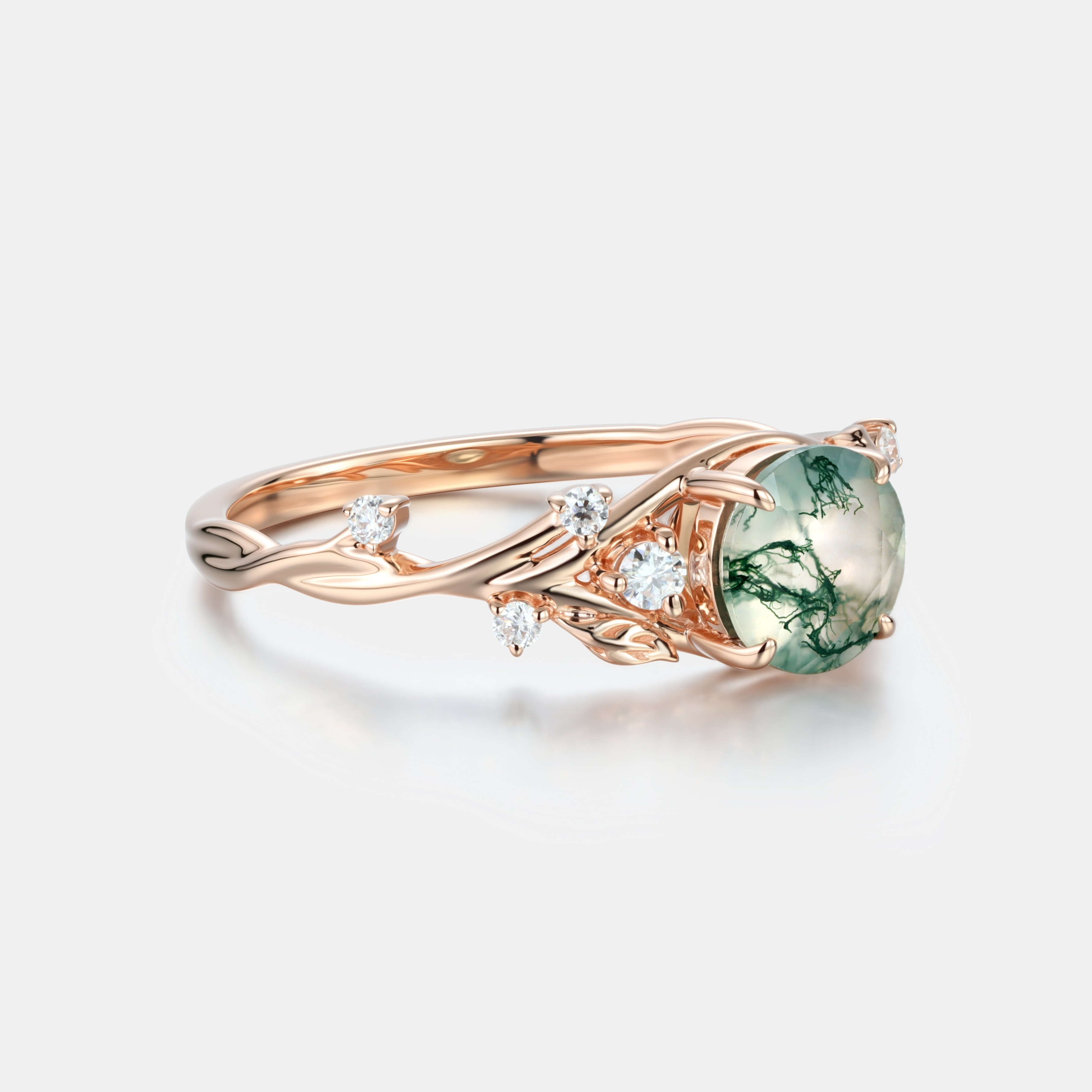 Lucky Gemstone | Round Moss Agate Engagement Ring in Rose Gold | Moissanite Accents | Nature-inspired Leaf & Vine Desaign