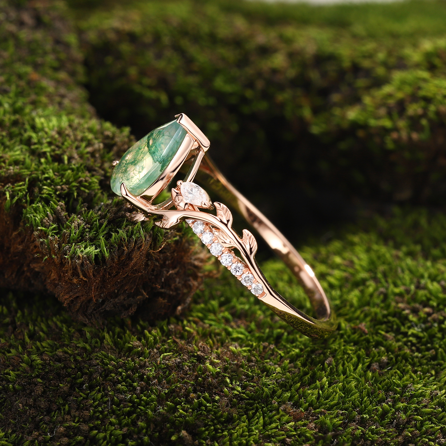 Lucky Gemstone | Pear Cut Natural Moss Agate Engagement Ring in Rose Gold | Natural-Inspired Design with Moissanite Accents
