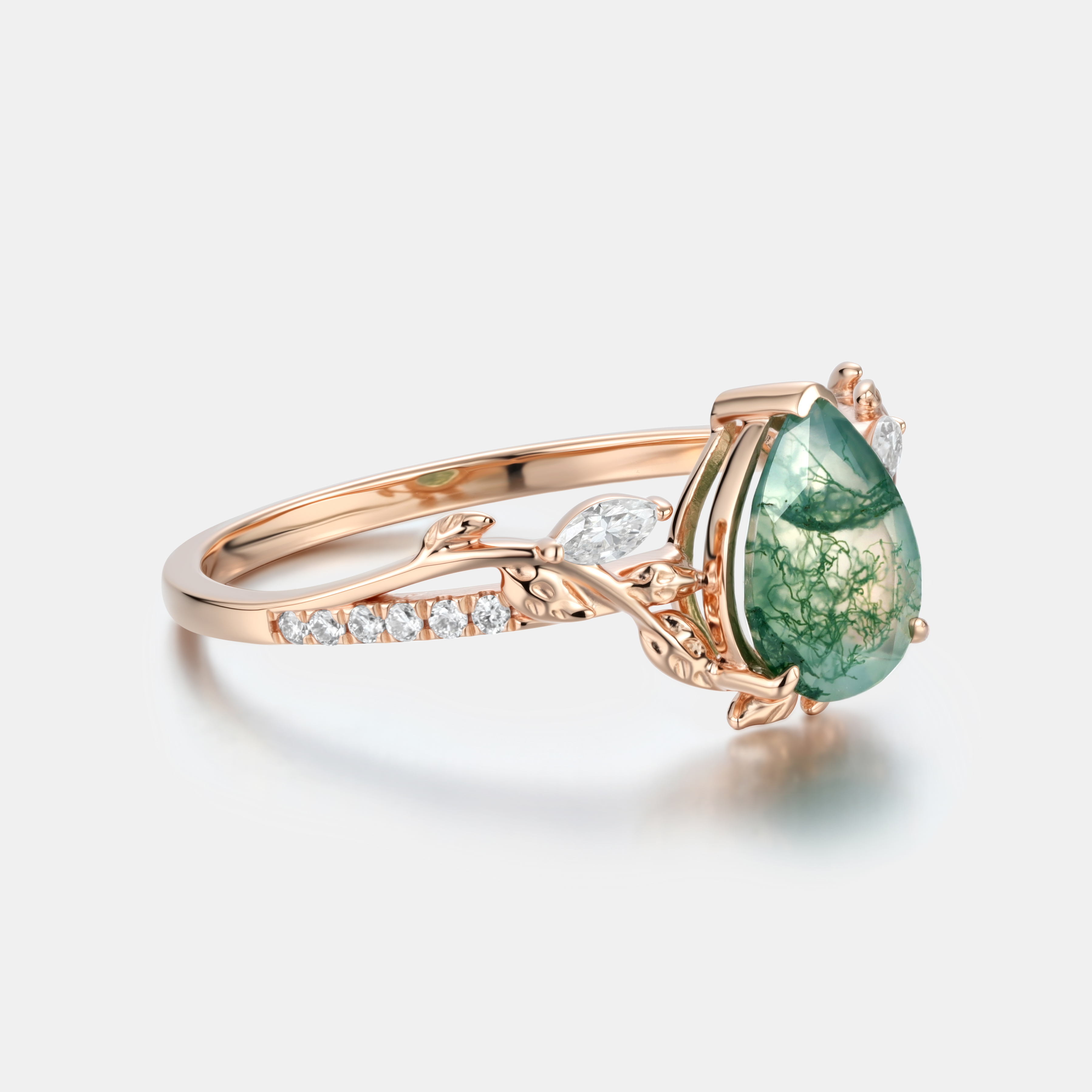 Lucky Gemstone | Pear Cut Natural Moss Agate Engagement Ring in Rose Gold | Natural-Inspired Design with Moissanite Accents