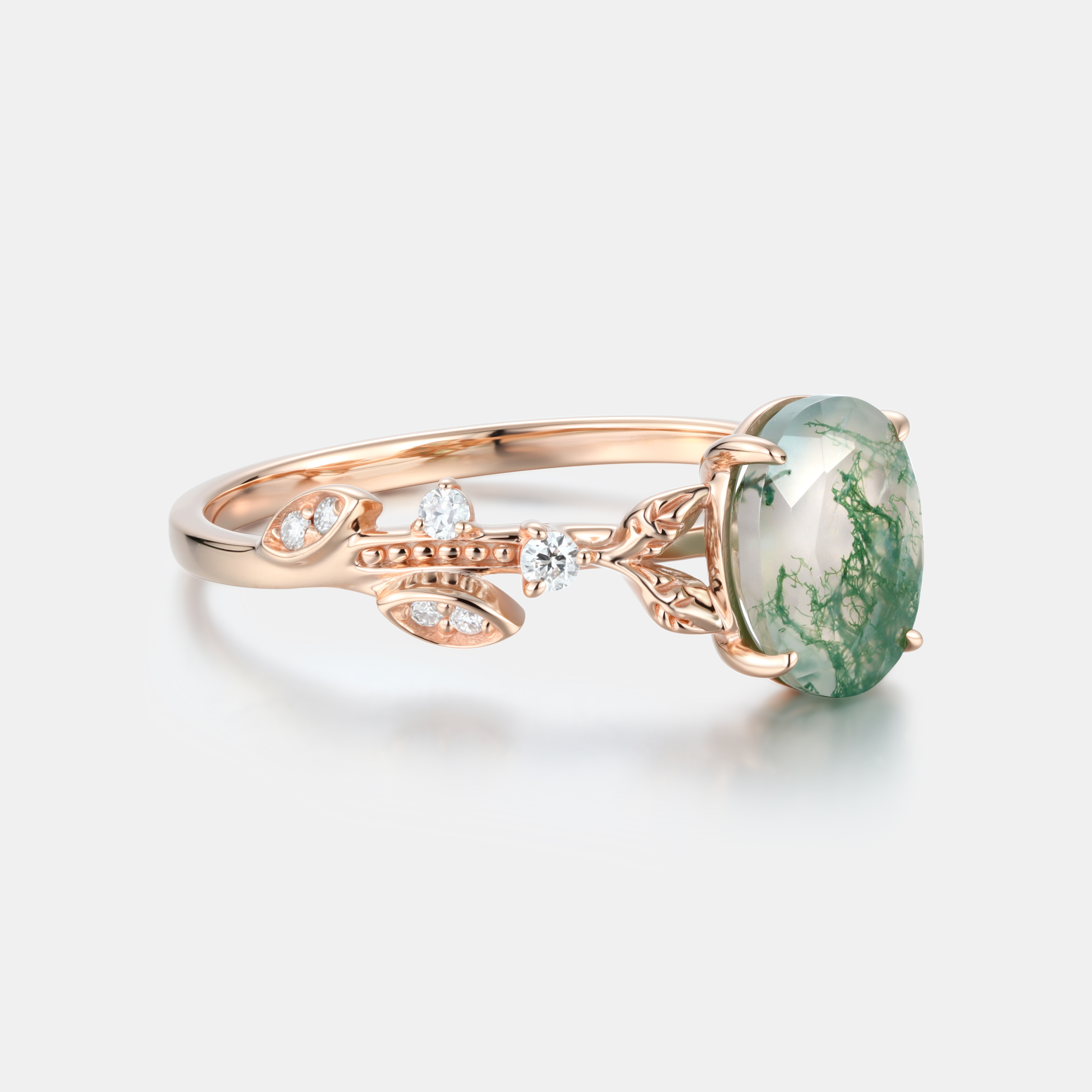 Lucky Gemstone | Oval Cut Natural Moss Agate Engagement Ring in Rose Gold | Laef & Vine Design with Moissanite Accents