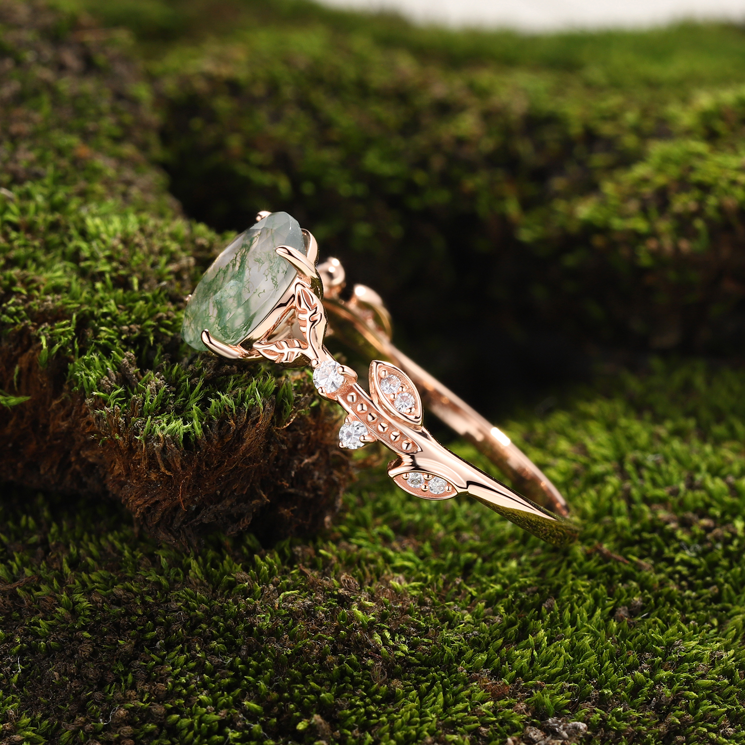 Lucky Gemstone | Oval Cut Natural Moss Agate Engagement Ring in Rose Gold | Laef & Vine Design with Moissanite Accents
