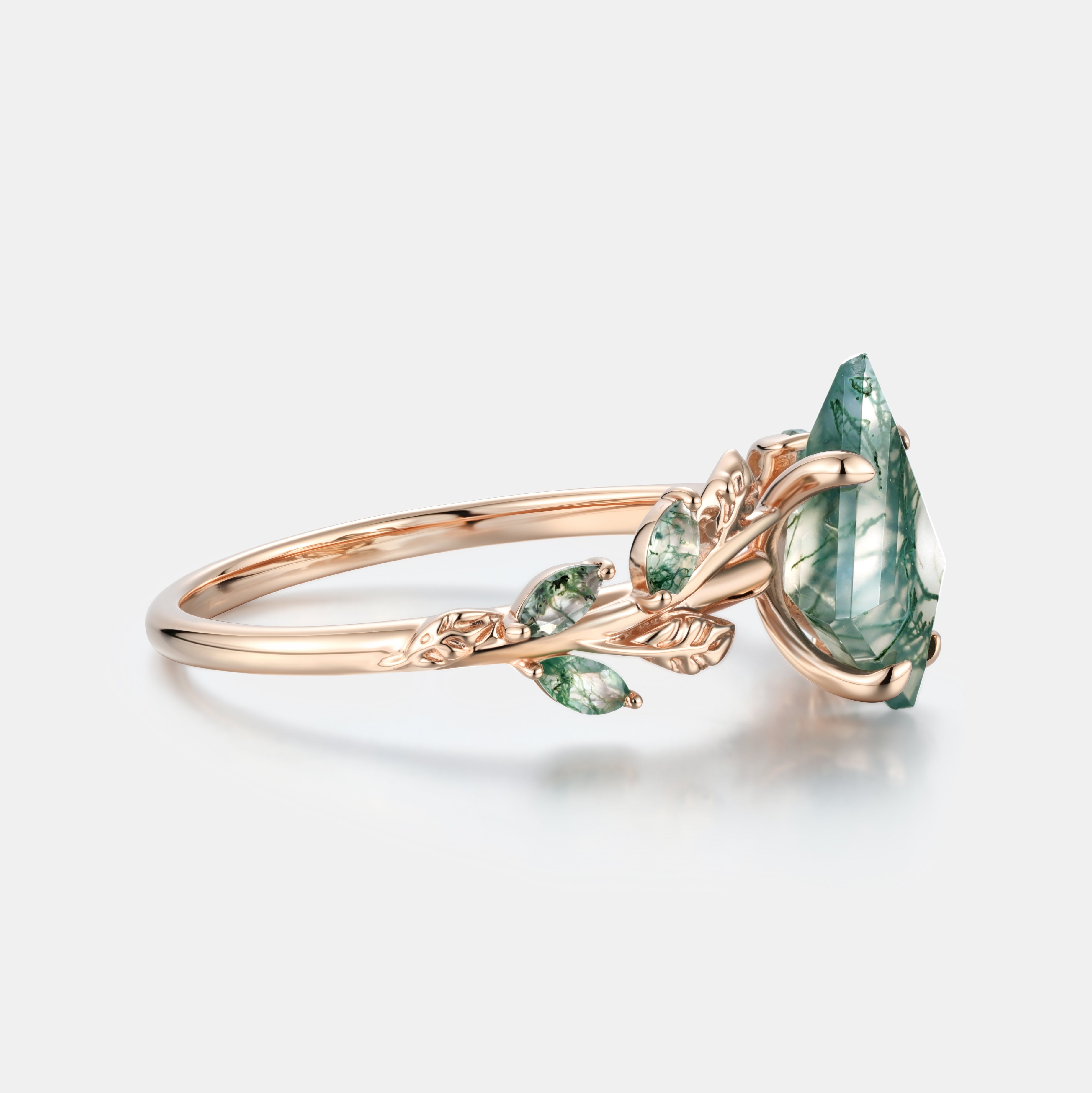 Lucky Gemstone | Kite Cut Natural Moss Agate Engagement Ring | Rose Gold Natural-Inspired Design Band | Moss Agate Accents