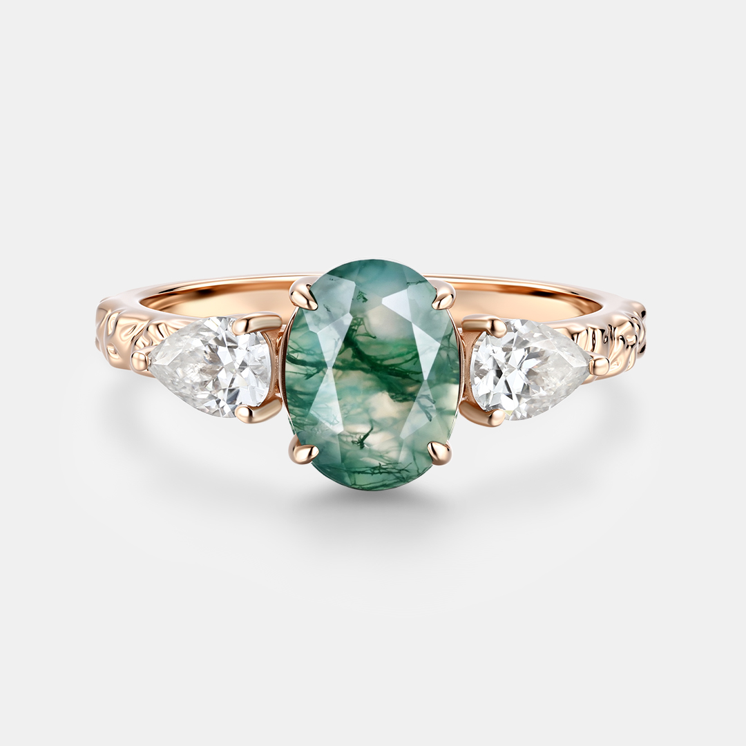 Rose Gold Natural Oval Cut Moss Agate Three-Stone Ring with Pear moissanite & Leaf Carving | Nature Elegant Engagement Ring