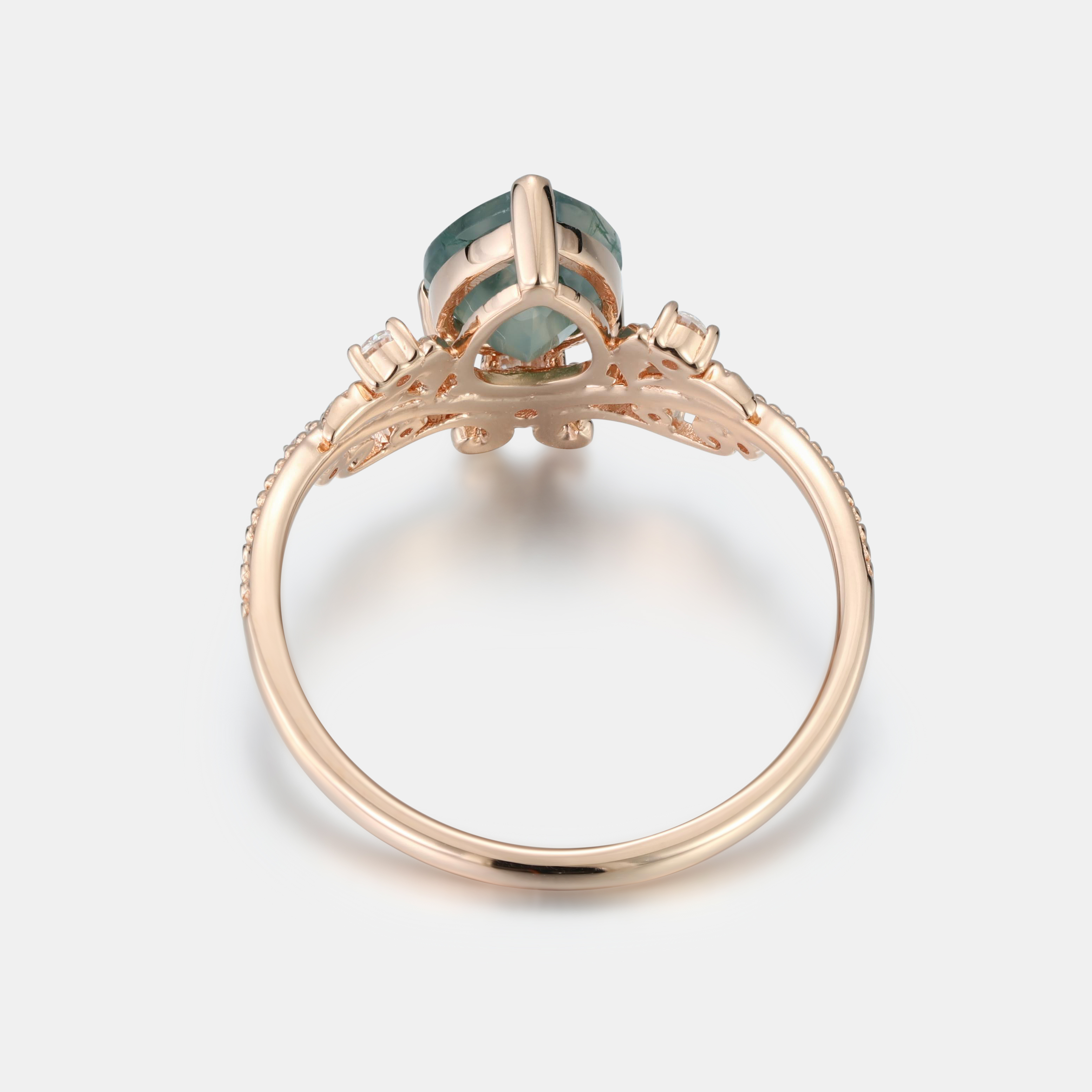 Rose Gold Natural Pear Cut Moss Agate Art Nouveau Ring with Vine Milgrain Accents | Luxurious Vintage Engagement Ring