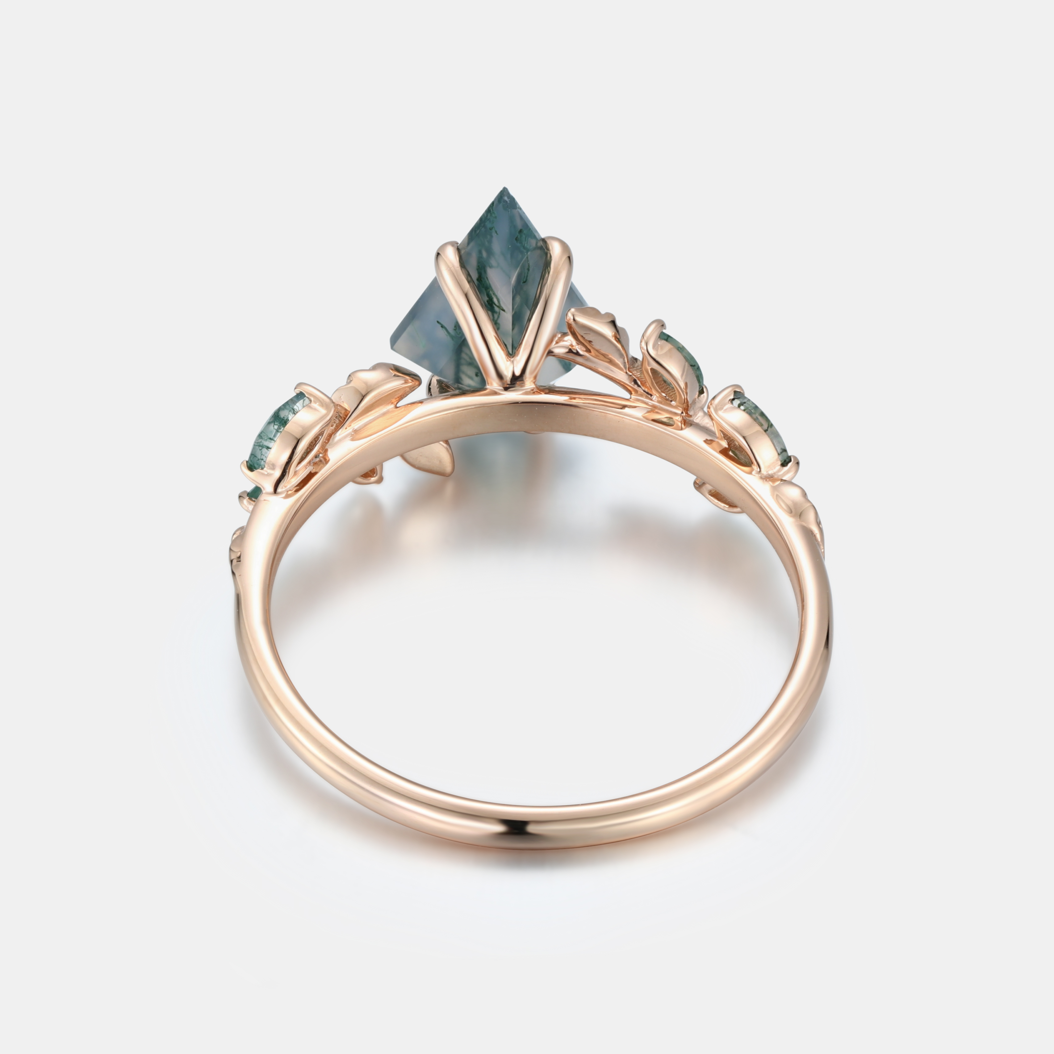 Lucky Gemstone | Kite Cut Natural Moss Agate Engagement Ring | Rose Gold Natural-Inspired Design Band | Moss Agate Accents