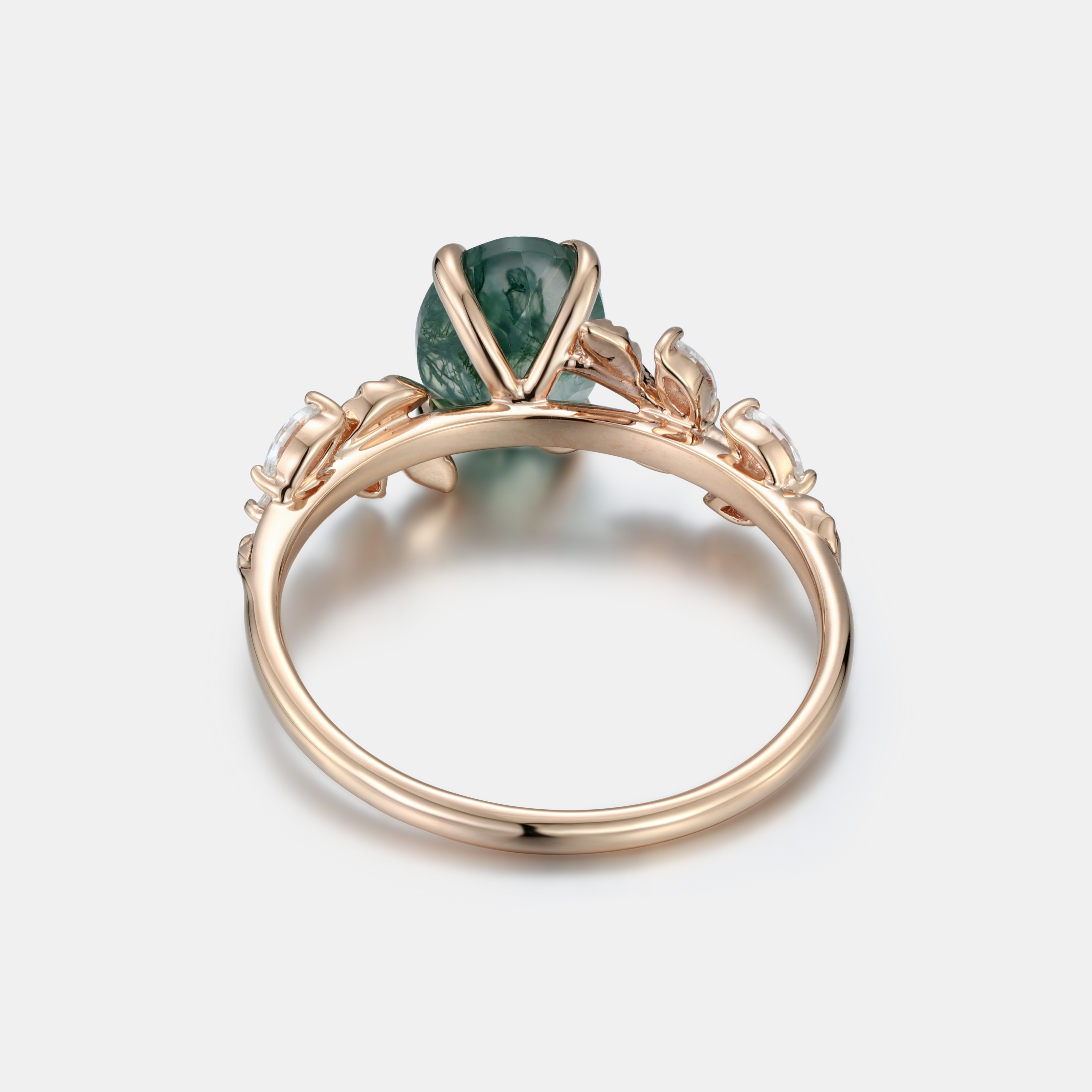 Lucky Gemstone | Oval Cut Natural Moss Agate Engagement Ring | Rose Gold Moissanite Cluster Band | Natural-Inspired Design