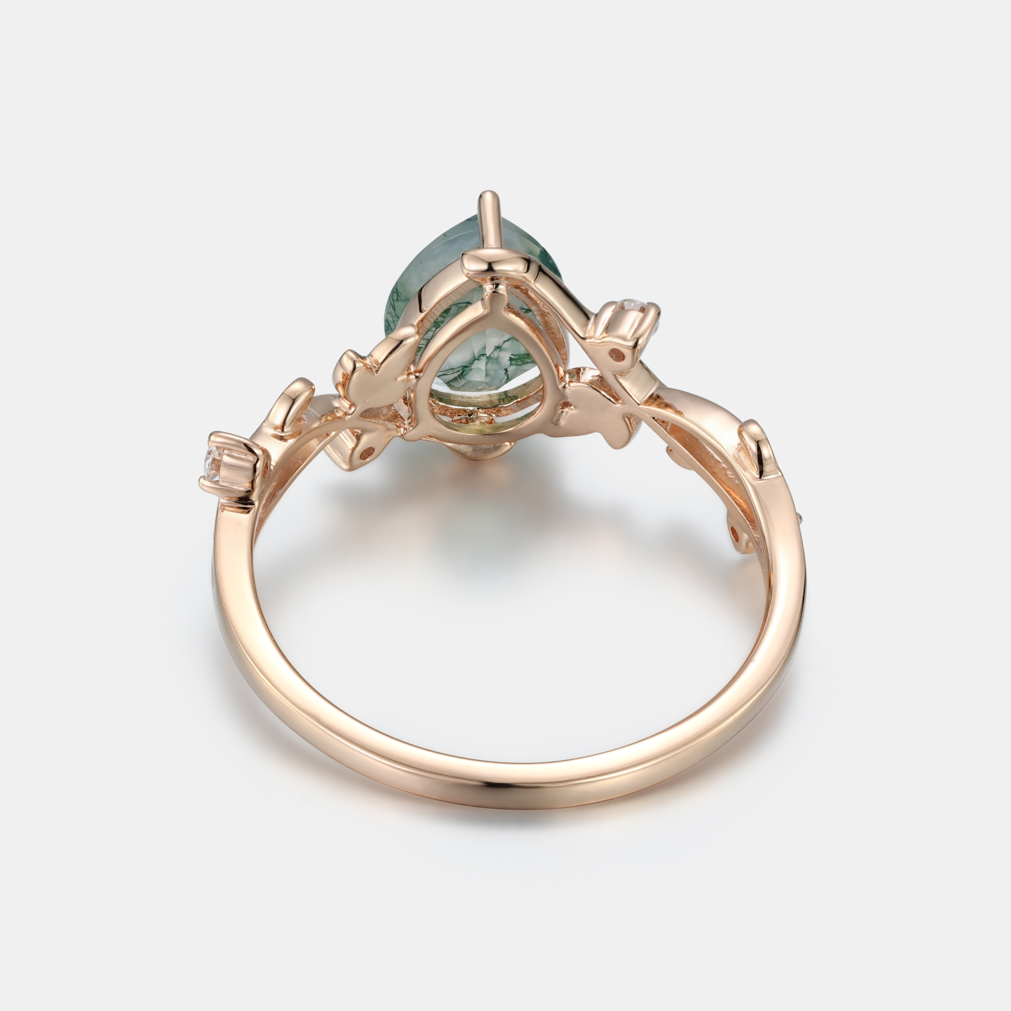 Lucky Gemstone Pear Cut Moss Agate Engagement Ring Moissanite Accent Rose Gold Vine Foliage Band