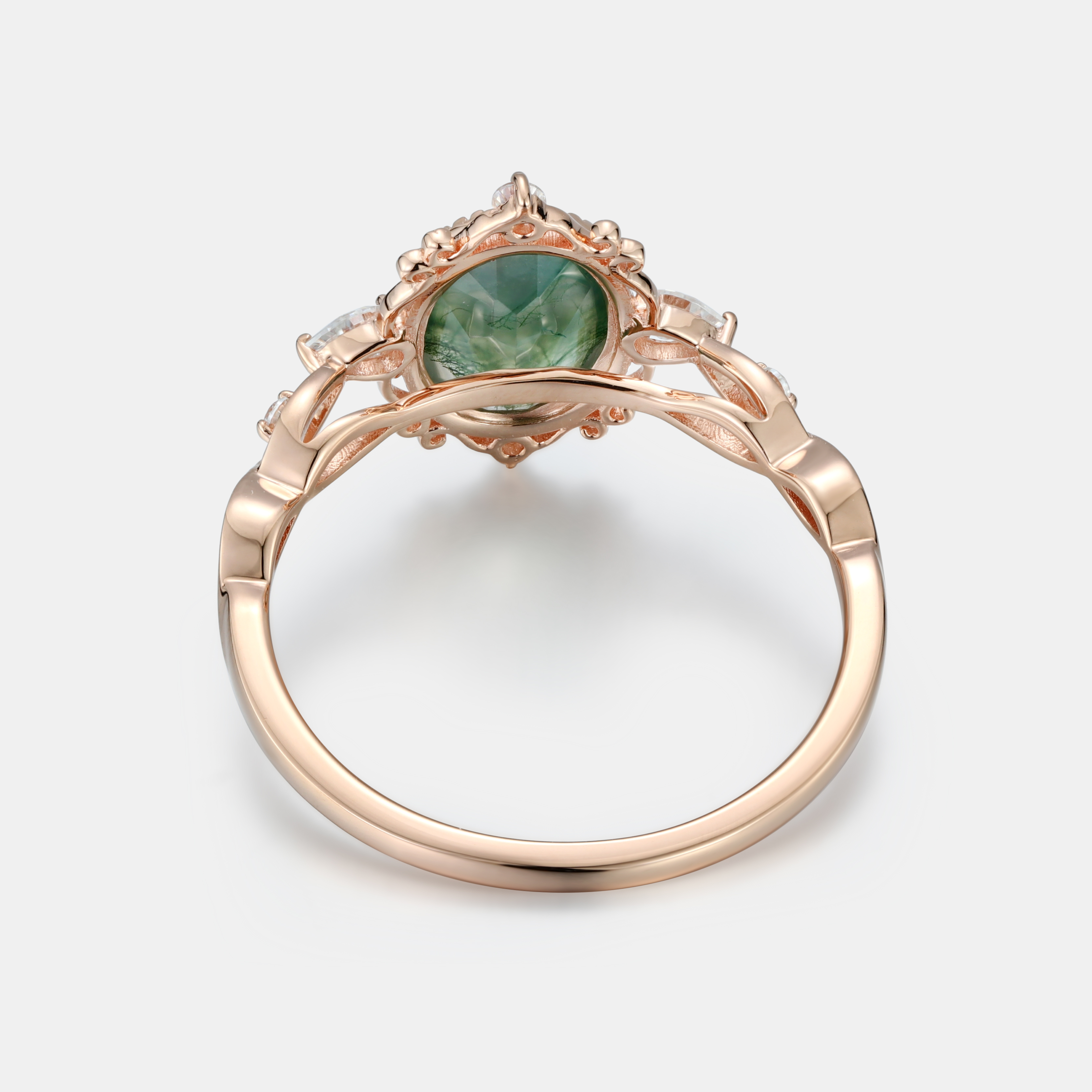 Lucky Gemstone | Oval Cut Moss Agate Engagement Ring | Rose Gold Natural Inspired Band with Moissanite Accent 